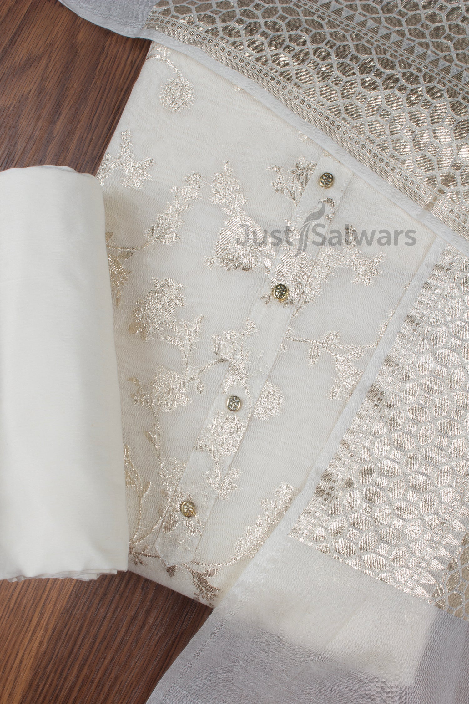 Cream Colour Silk Cotton Dress Material -Dress Material- Just Salwars