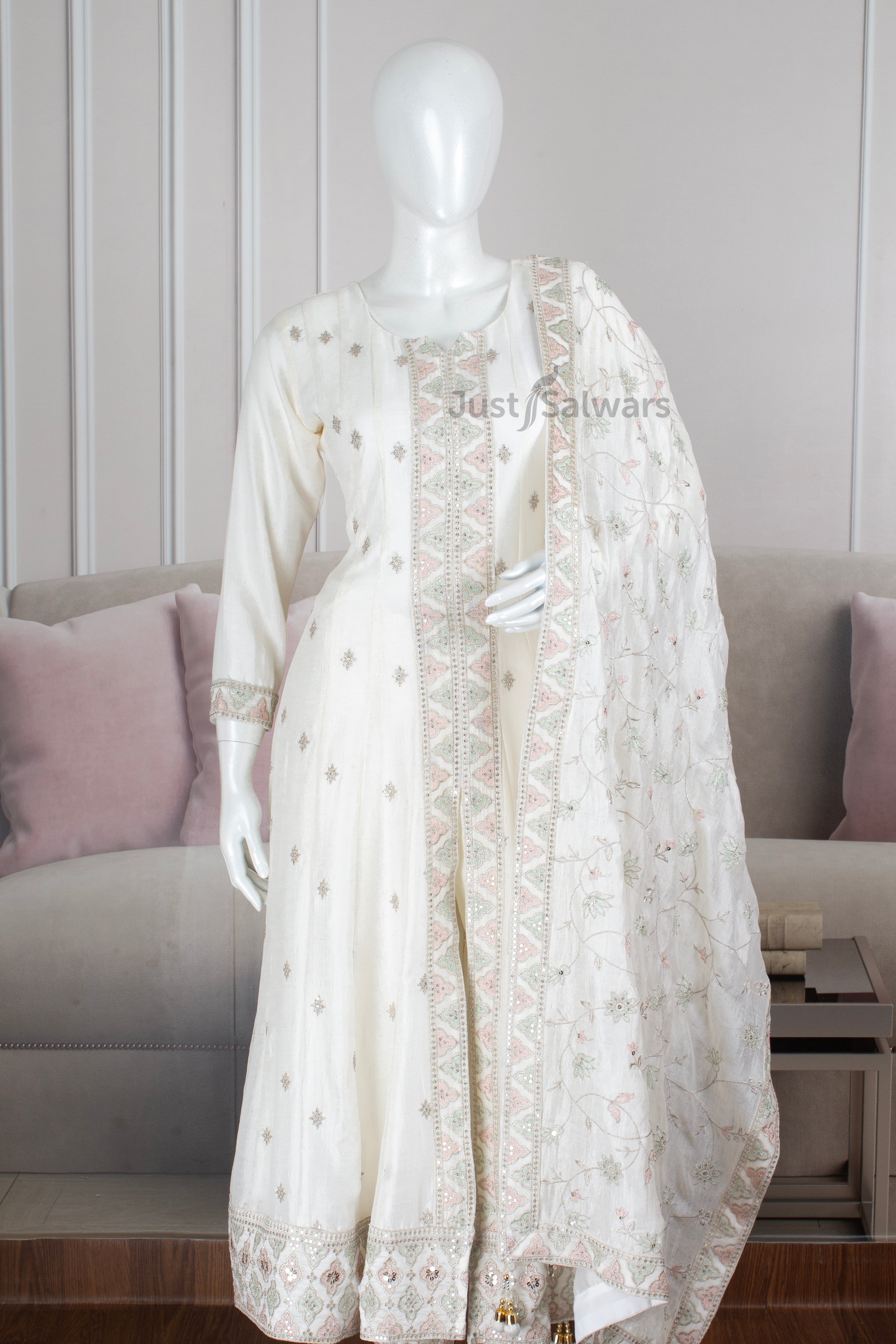 Cream Colour Soft Silk Center Slit Anarkali Suit Set -Anarkali- Just Salwars