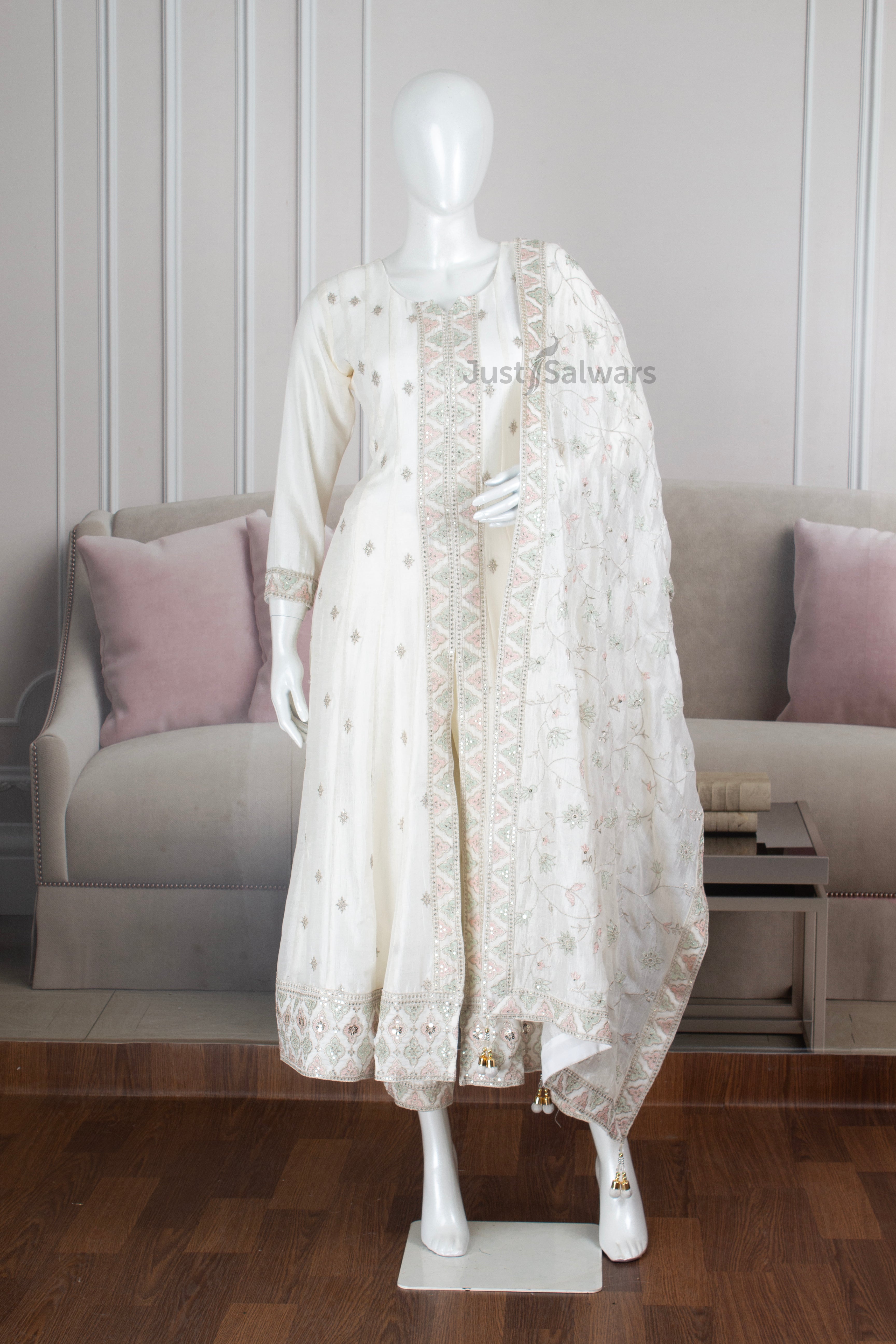 Cream Colour Soft Silk Center Slit Anarkali Suit Set -Anarkali- Just Salwars