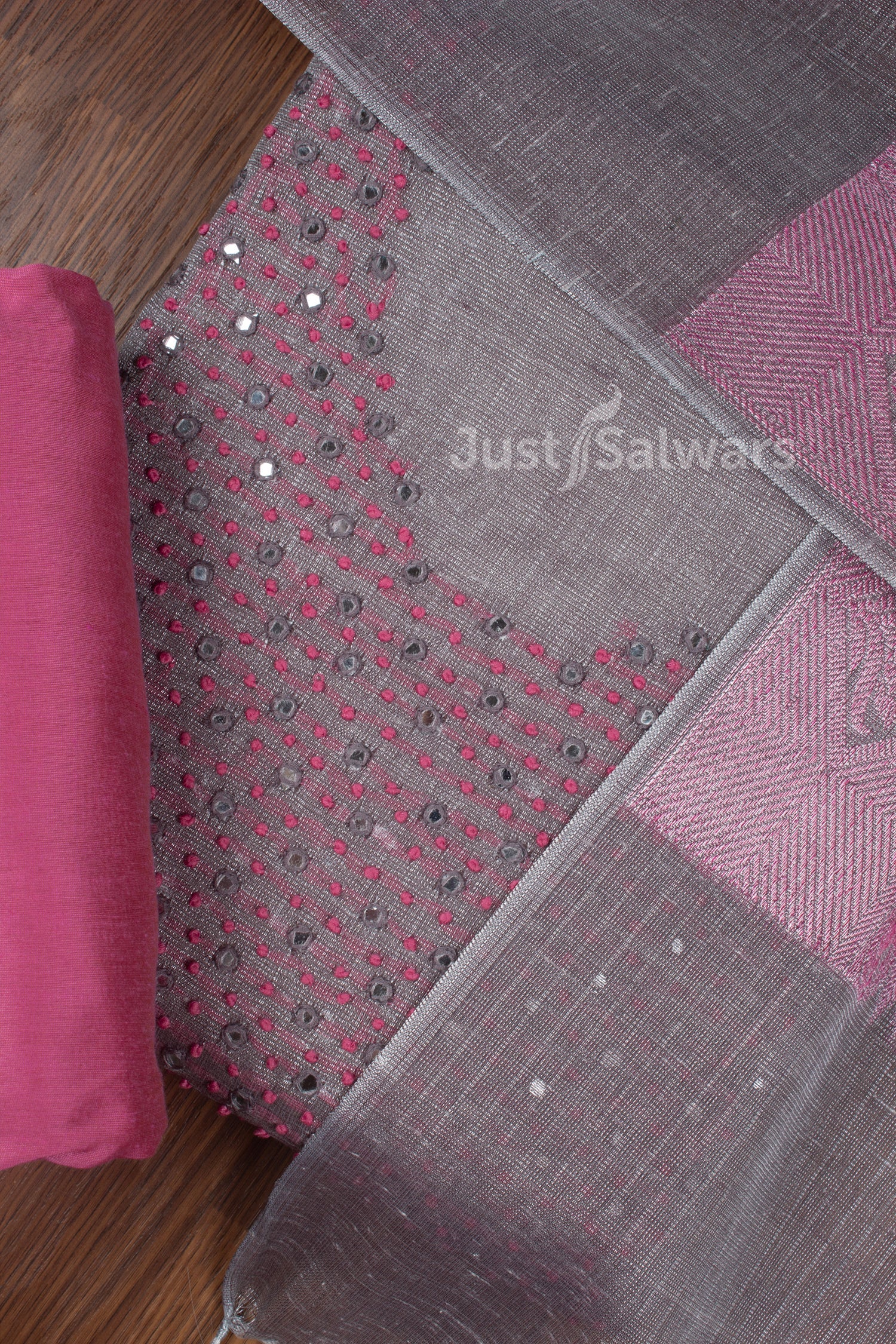 Grey and Pink Colour Tissue Silk Dress Material -Dress Material- Just Salwars