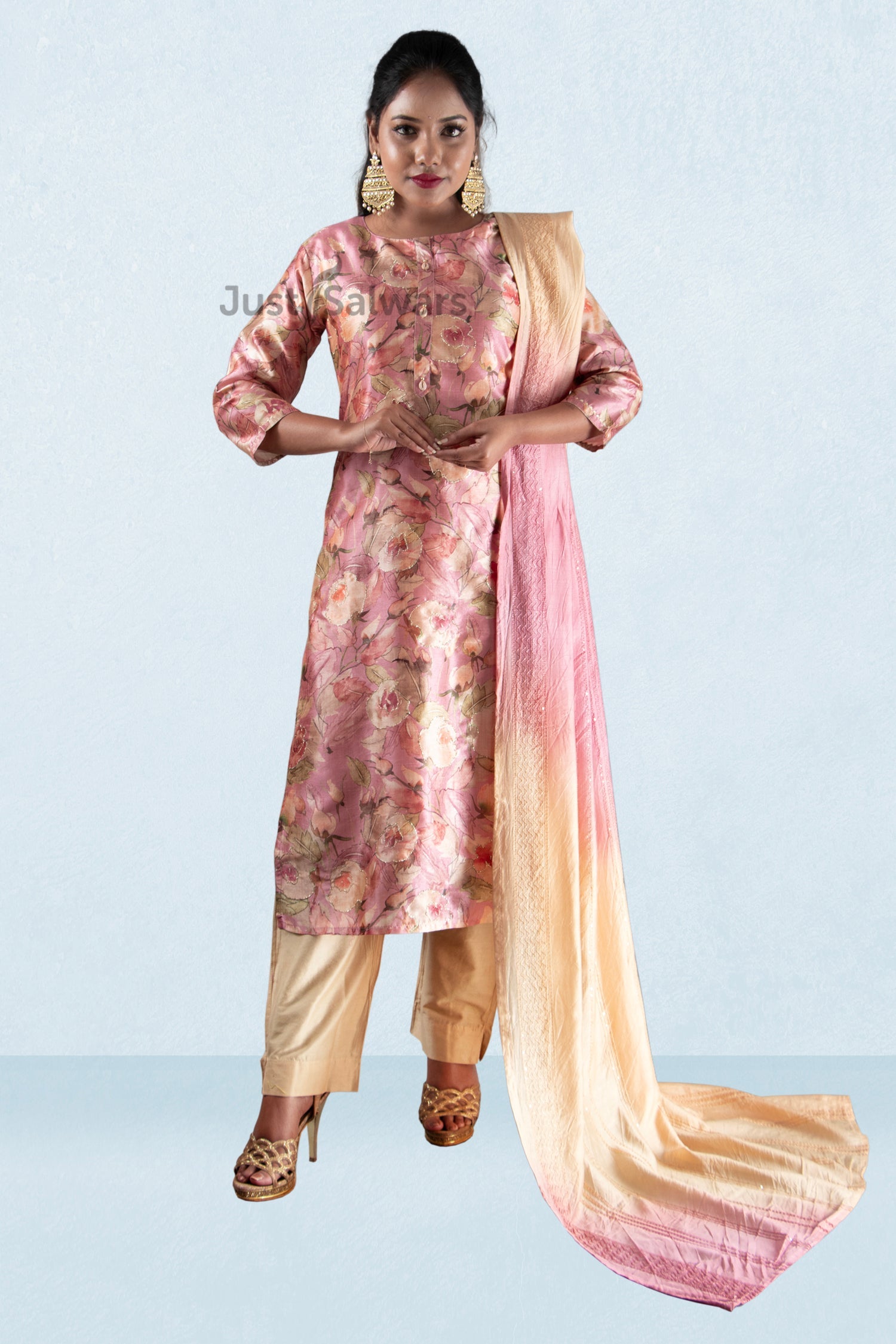 Pink and Cream Colour Silk Cotton Straight Cut Salwar Suit -Salwar Suit- Just Salwars