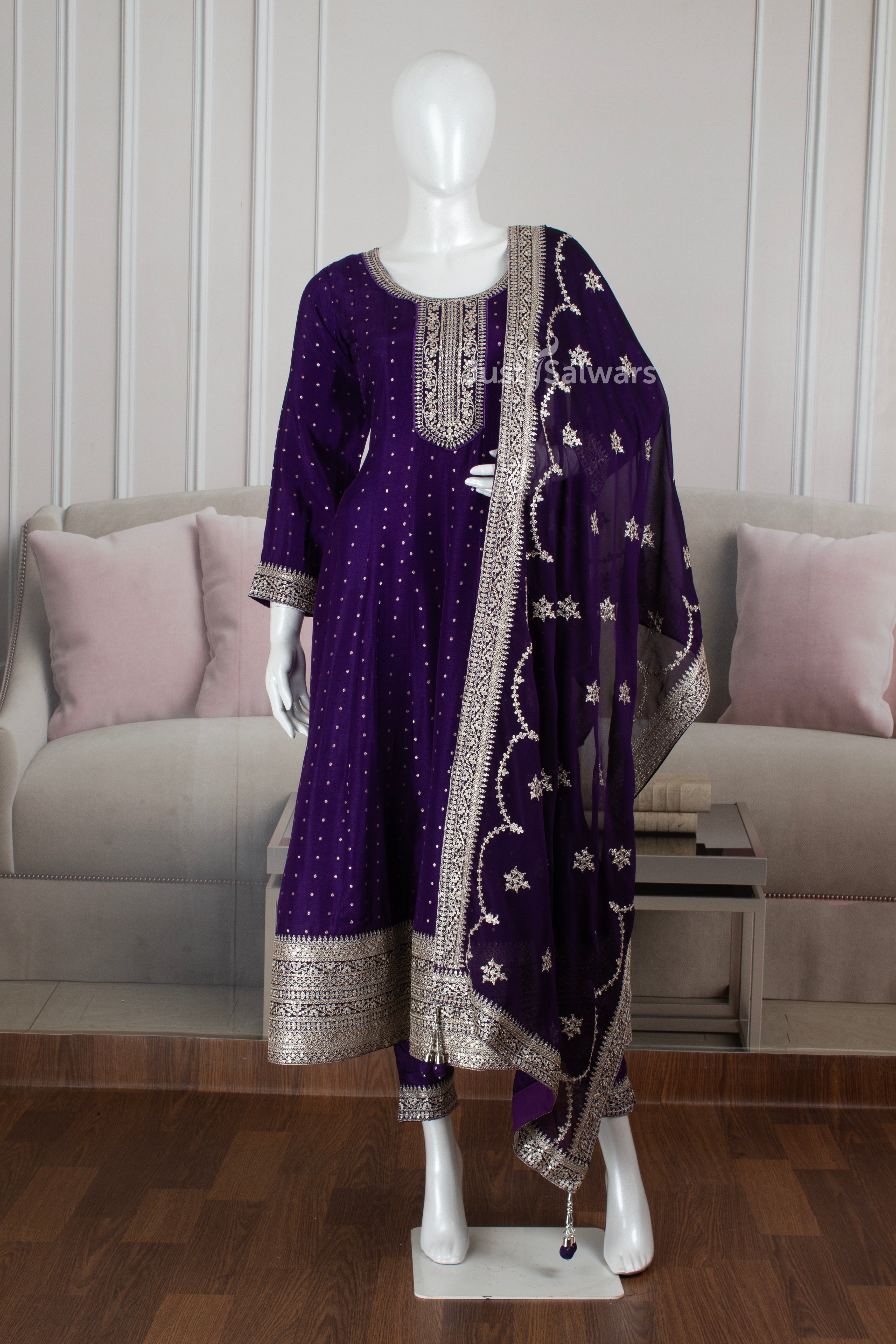 Violet Colour Soft Silk Anarkali Suit Set -Anarkali- Just Salwars
