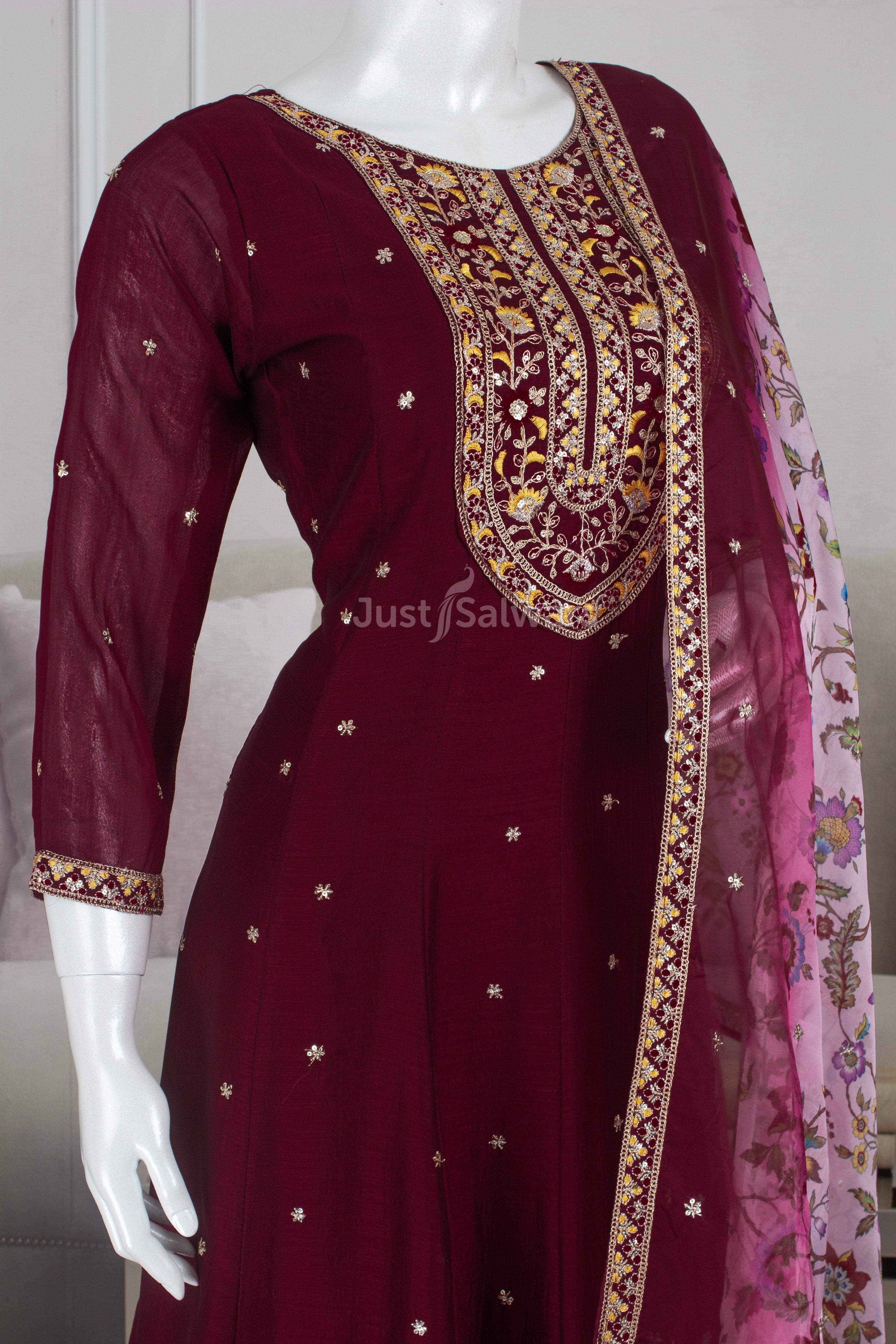 Wine Colour Soft Silk Anarkali Suit Set -Anarkali- Just Salwars