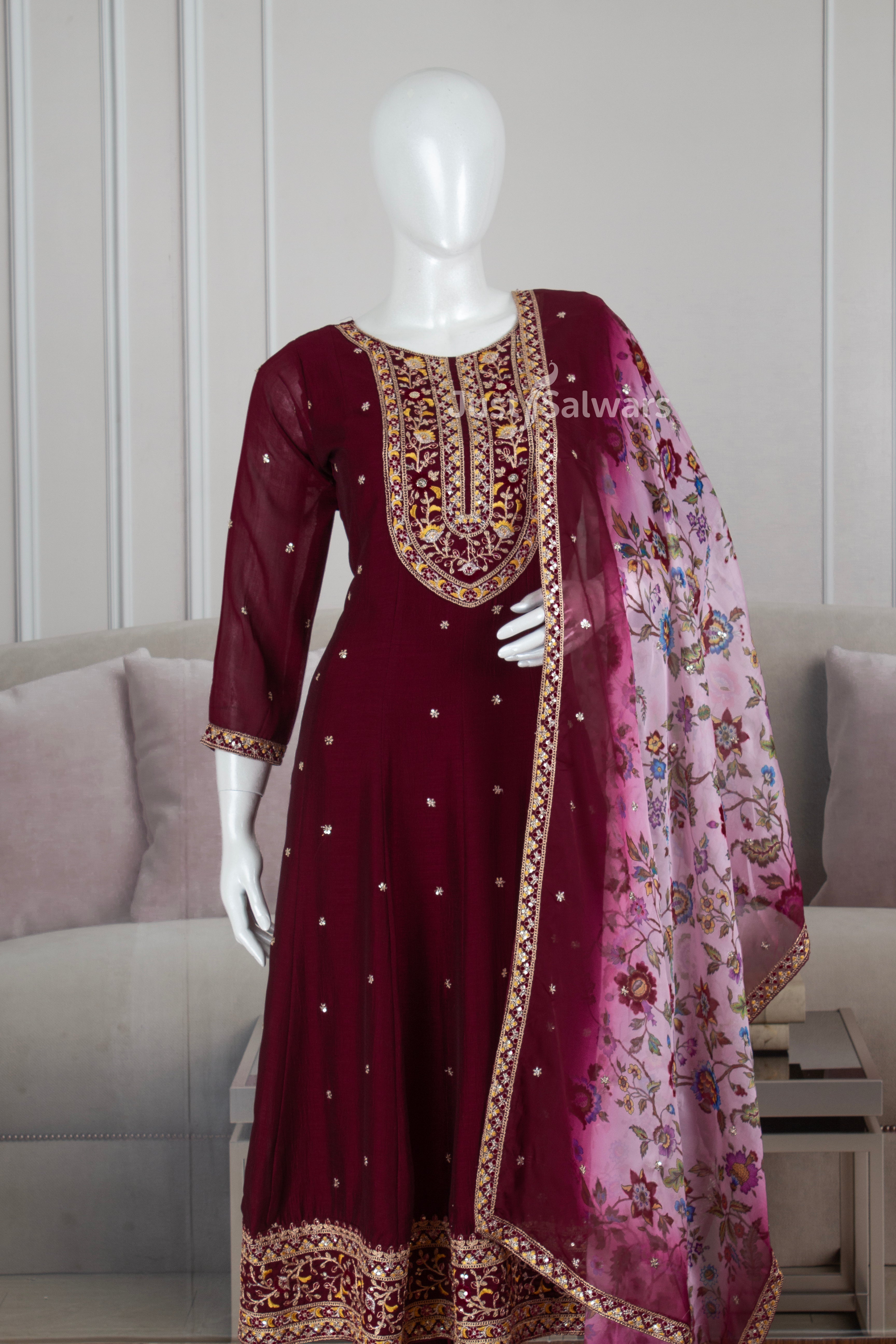 Wine Colour Soft Silk Anarkali Suit Set -Anarkali- Just Salwars