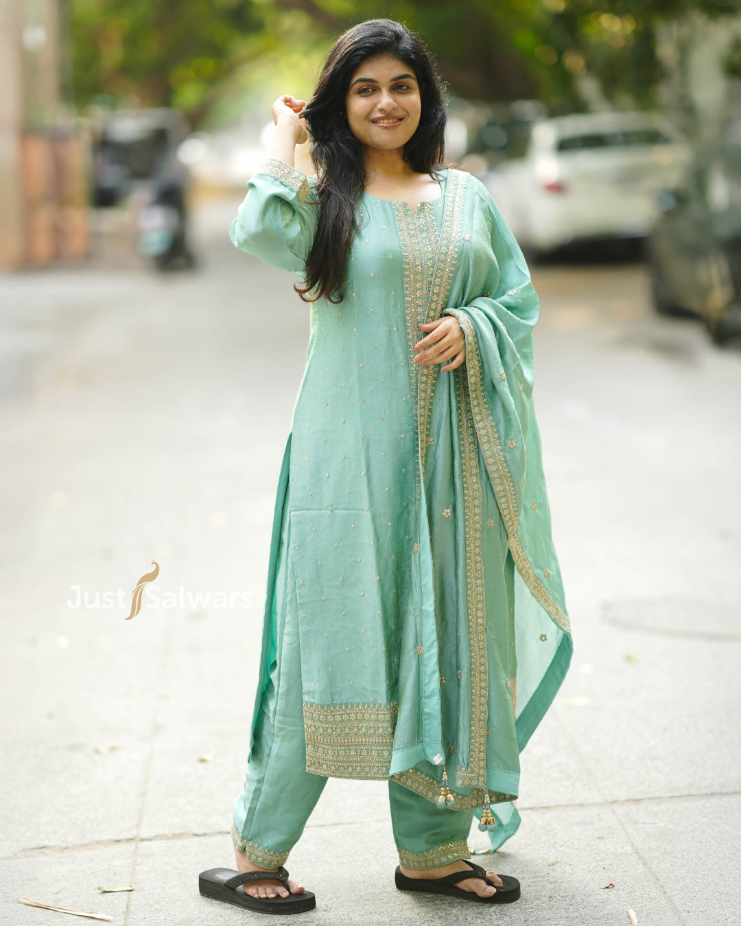 Elegant Sea Green Vichitra Silk Straight Cut Suit