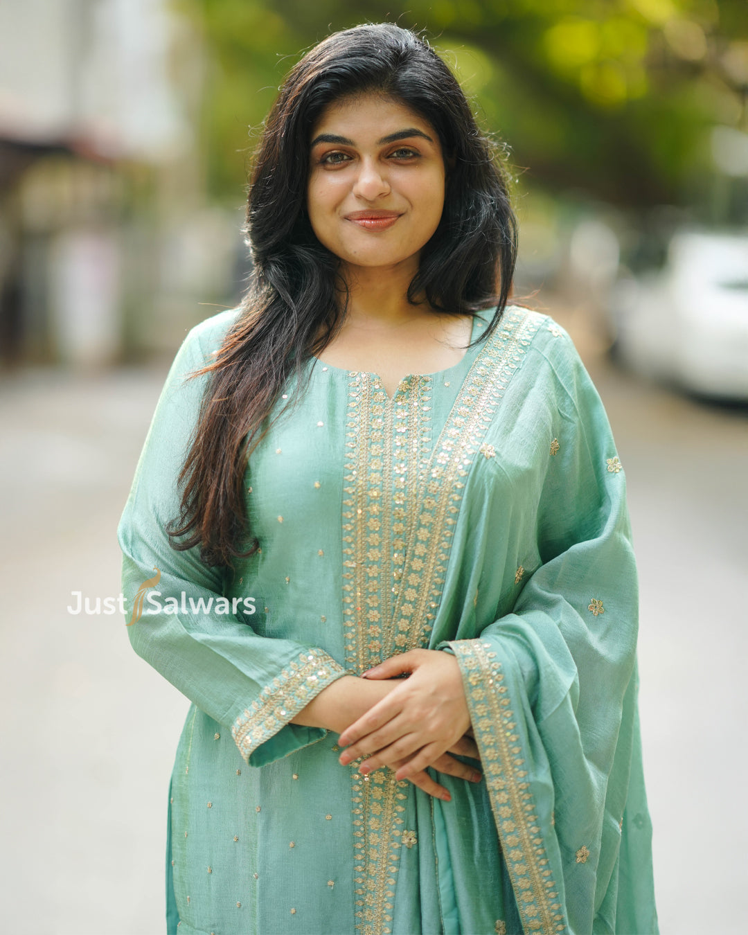 Elegant Sea Green Vichitra Silk Straight Cut Suit
