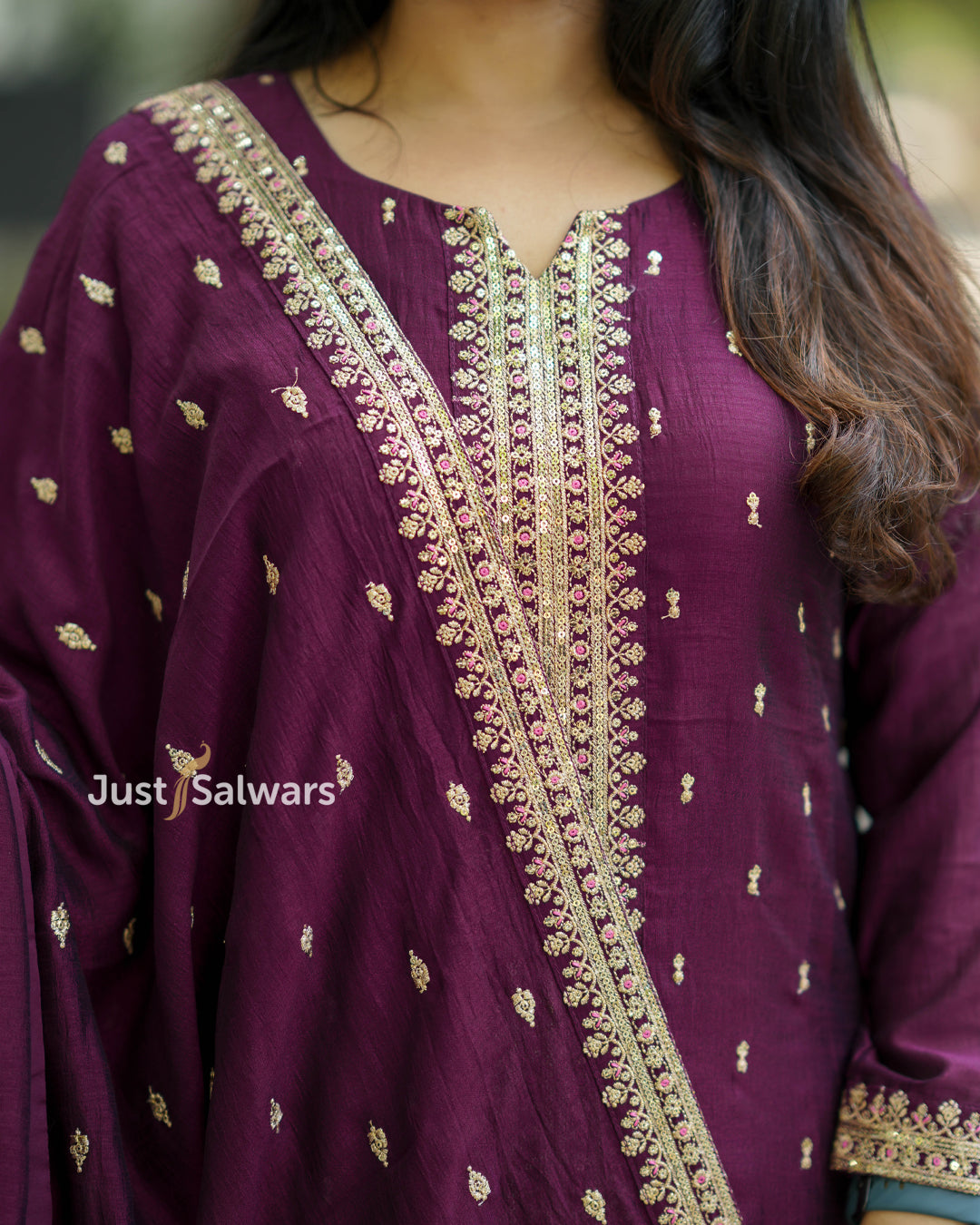 Maroon Embroidered Vichitra Silk Straight Cut Suit