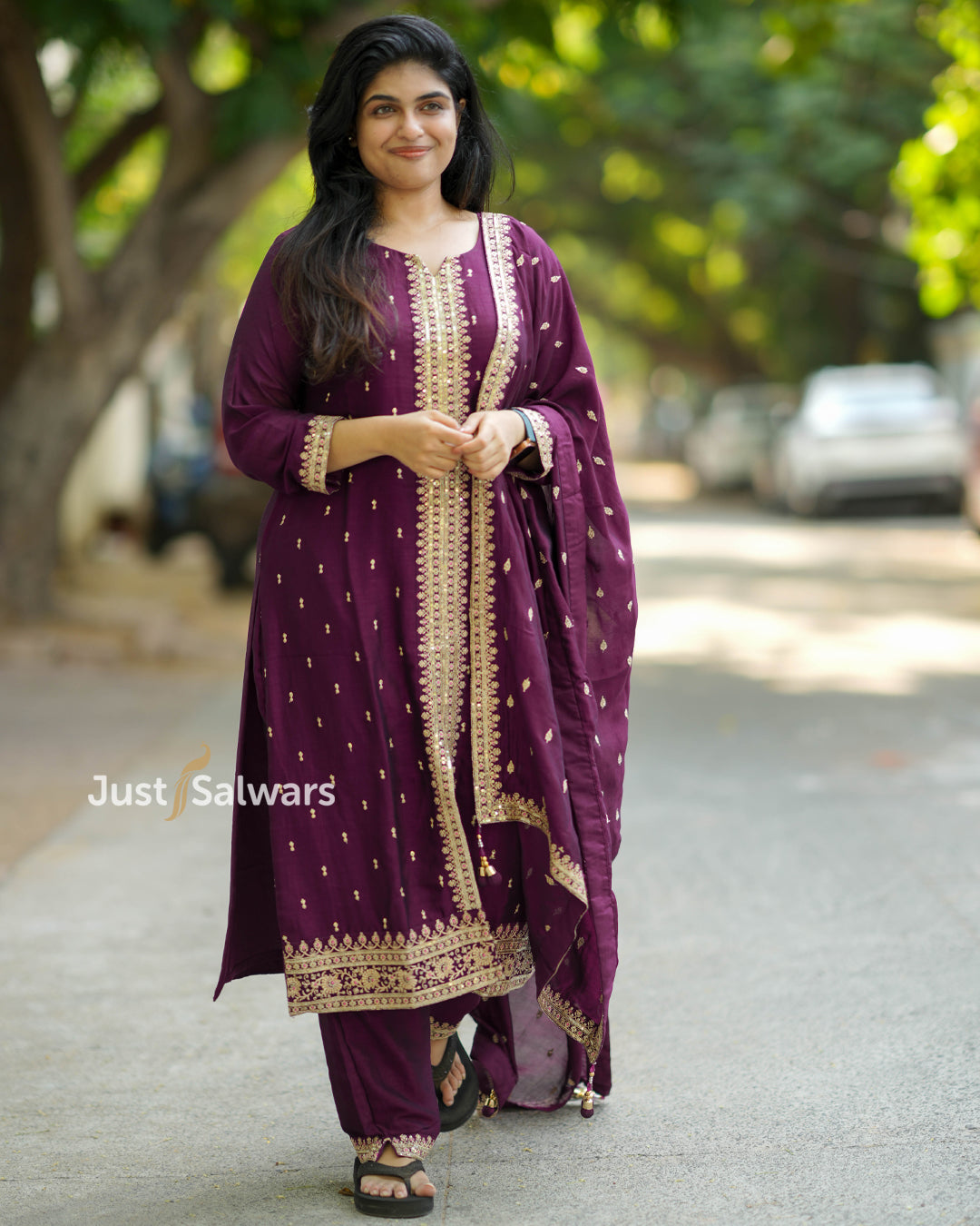 Maroon Embroidered Vichitra Silk Straight Cut Suit