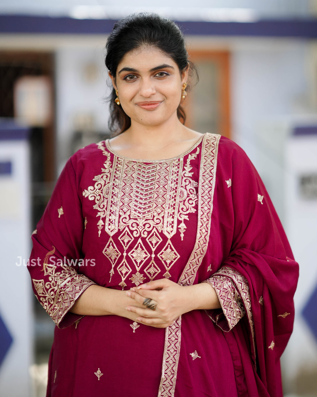 Maroon Short Kurta Set with Embroidered Wide-Leg Pants & Dupatta