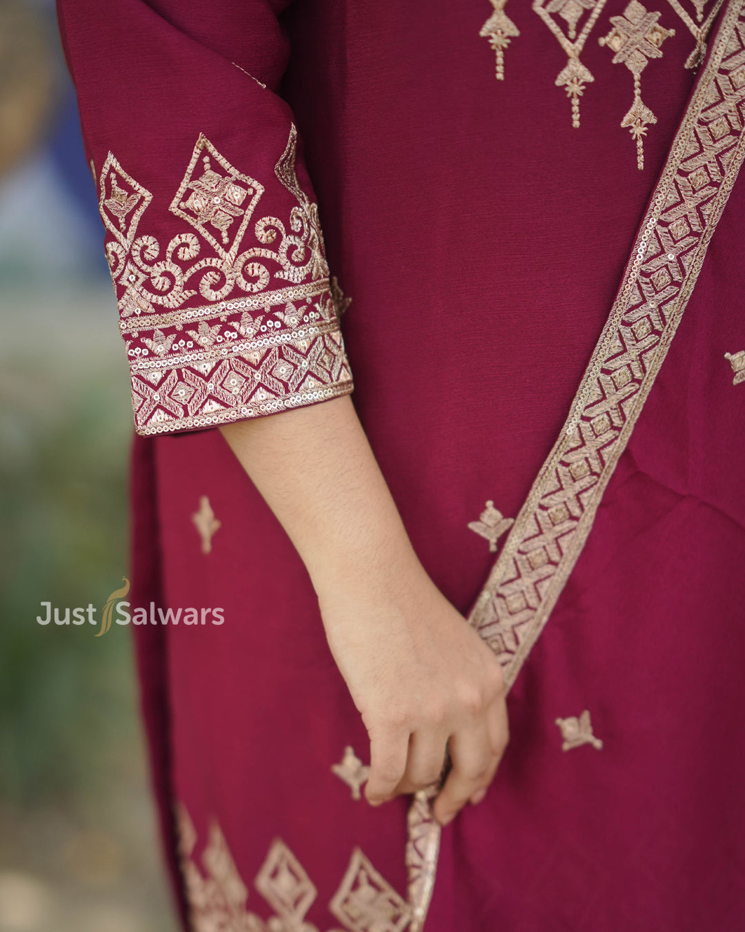 Maroon Short Kurta Set with Embroidered Wide-Leg Pants & Dupatta