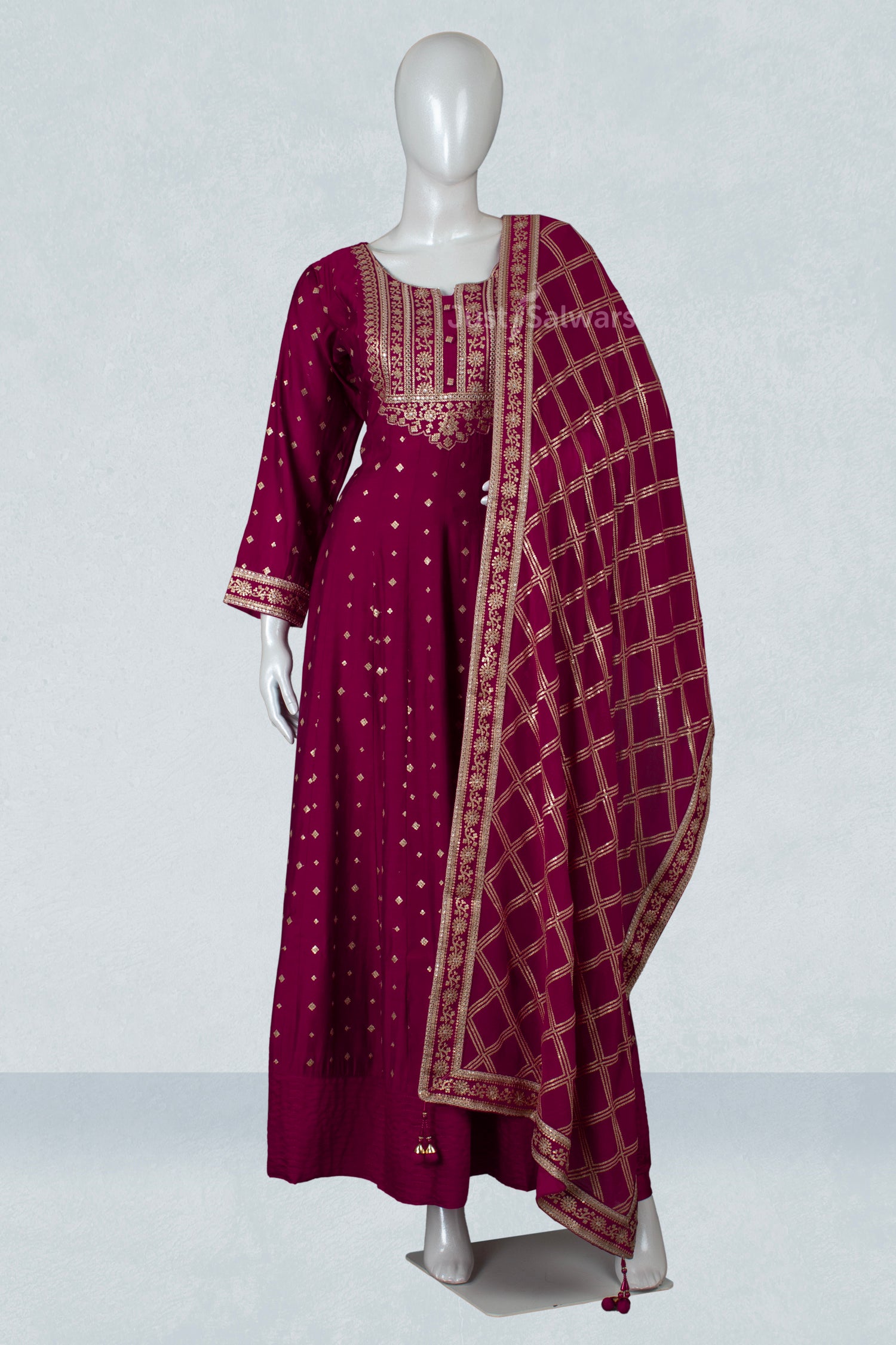 Rani Pink Colour Silk Cotton Anarkali Suit Set