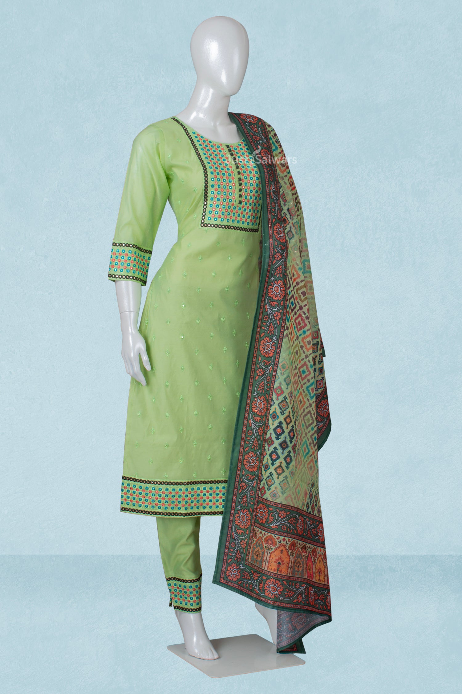 Pista Green Colour Silk Cotton Straight Cut Salwar Suit Just Salwars