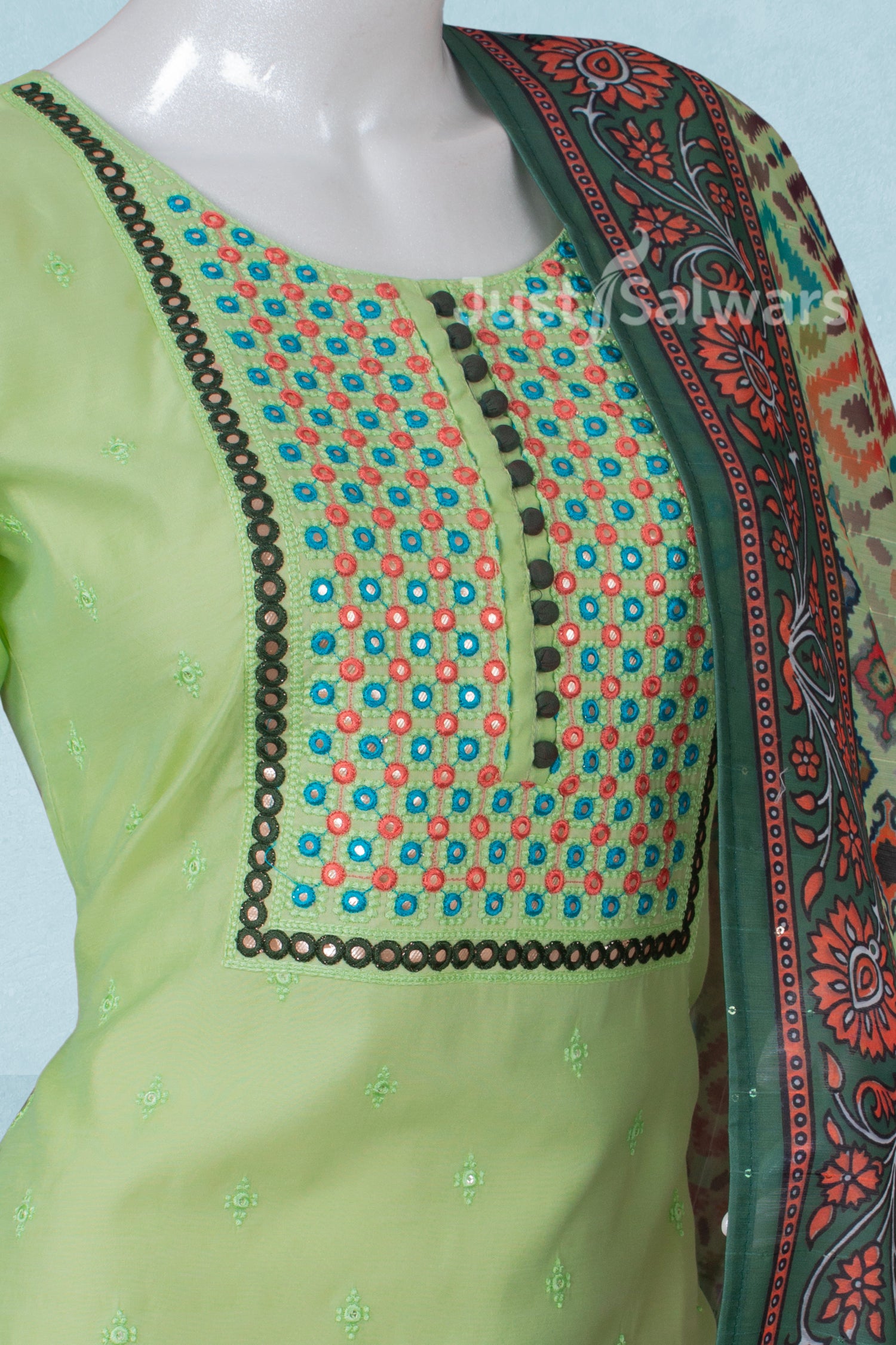 Pista Green Colour Silk Cotton Straight Cut Salwar Suit