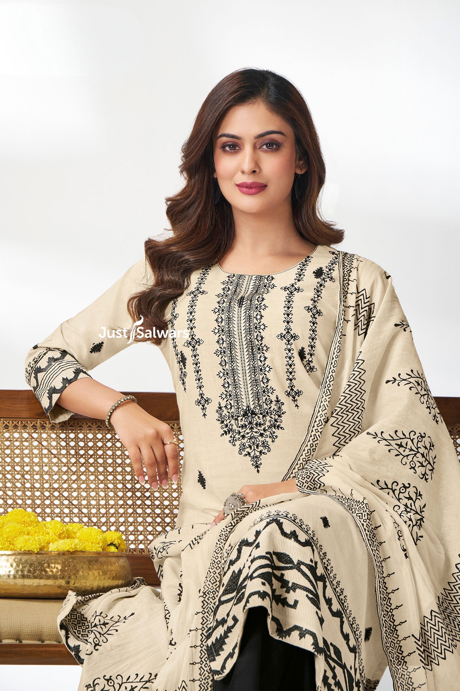 Beige & Black Embroidered Salwar Suit Set - Salwar Suit - Just Salwars
