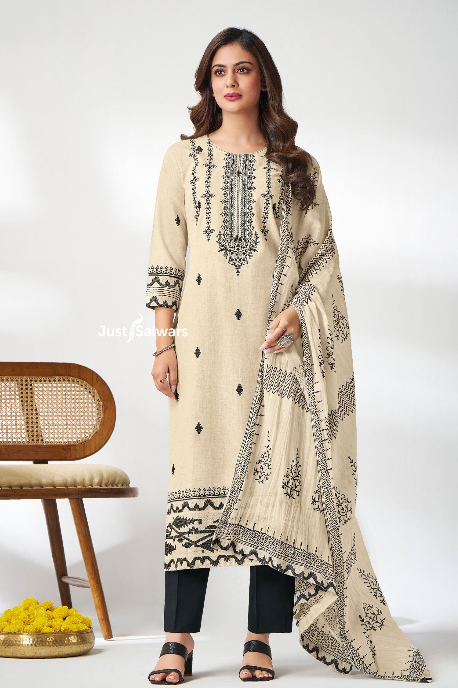 Beige & Black Embroidered Salwar Suit Set - Salwar Suit - Just Salwars