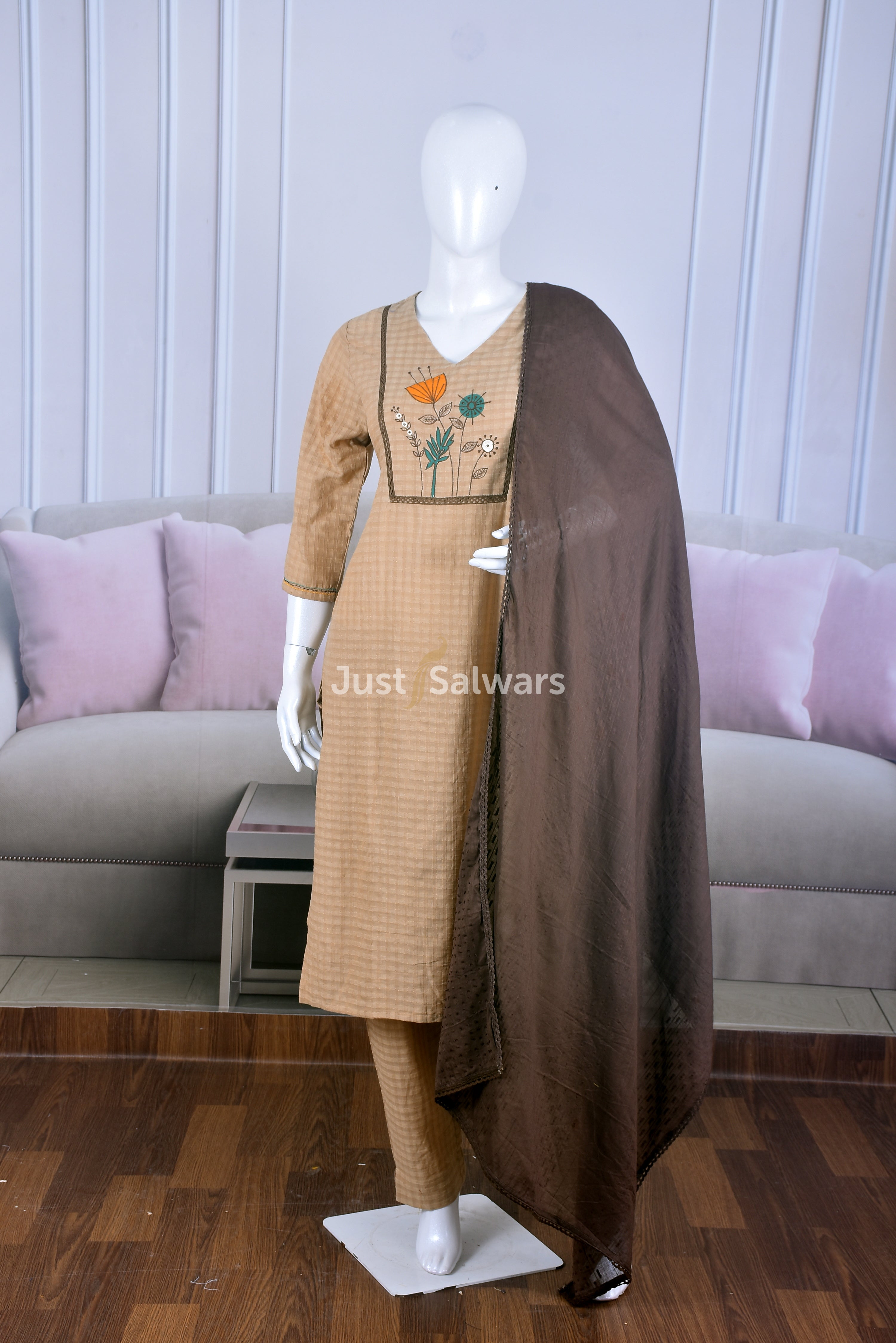 Beige Color Cotton Suit Set - Salwar Suit - Just Salwars