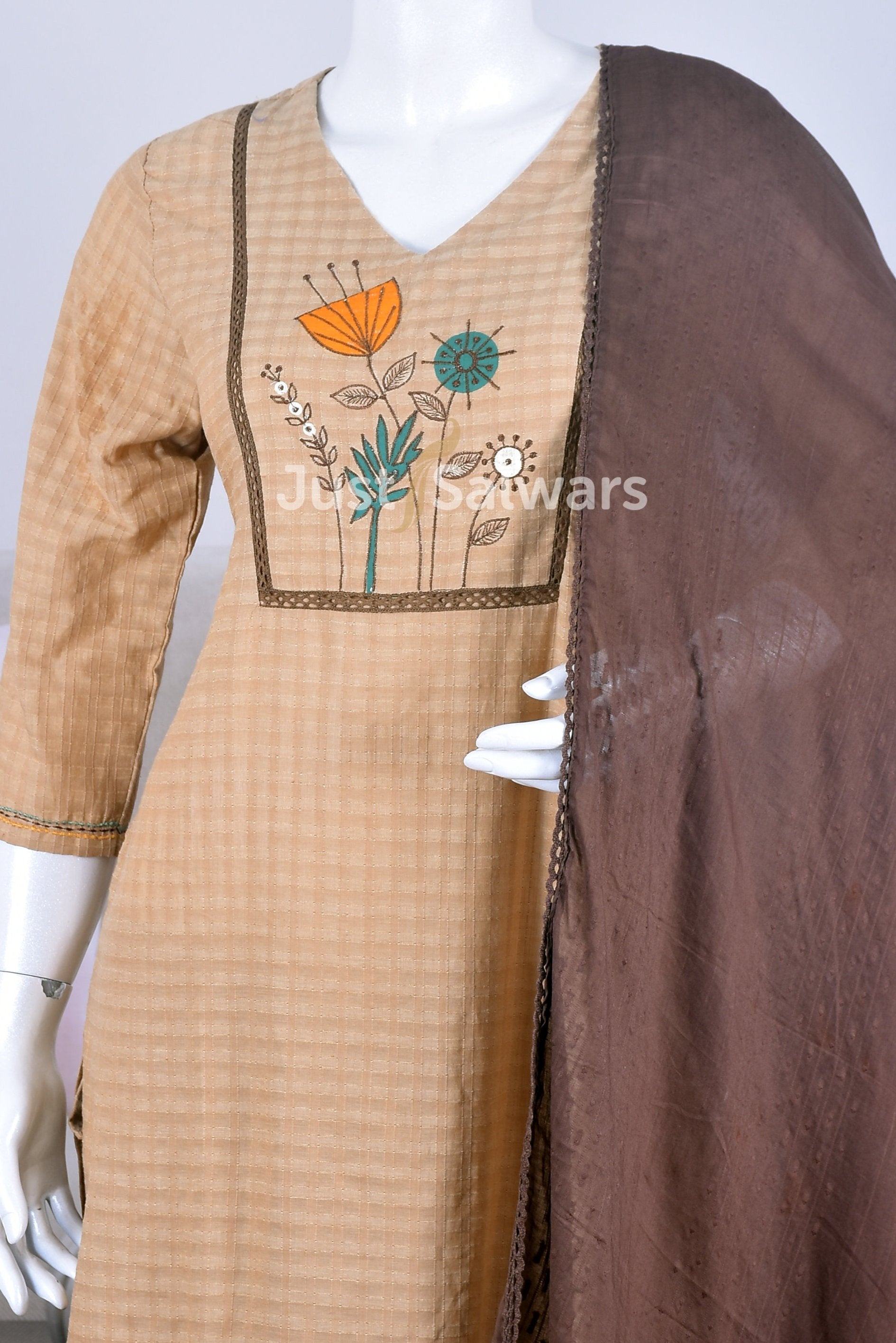 Beige Color Cotton Suit Set - Salwar Suit - Just Salwars