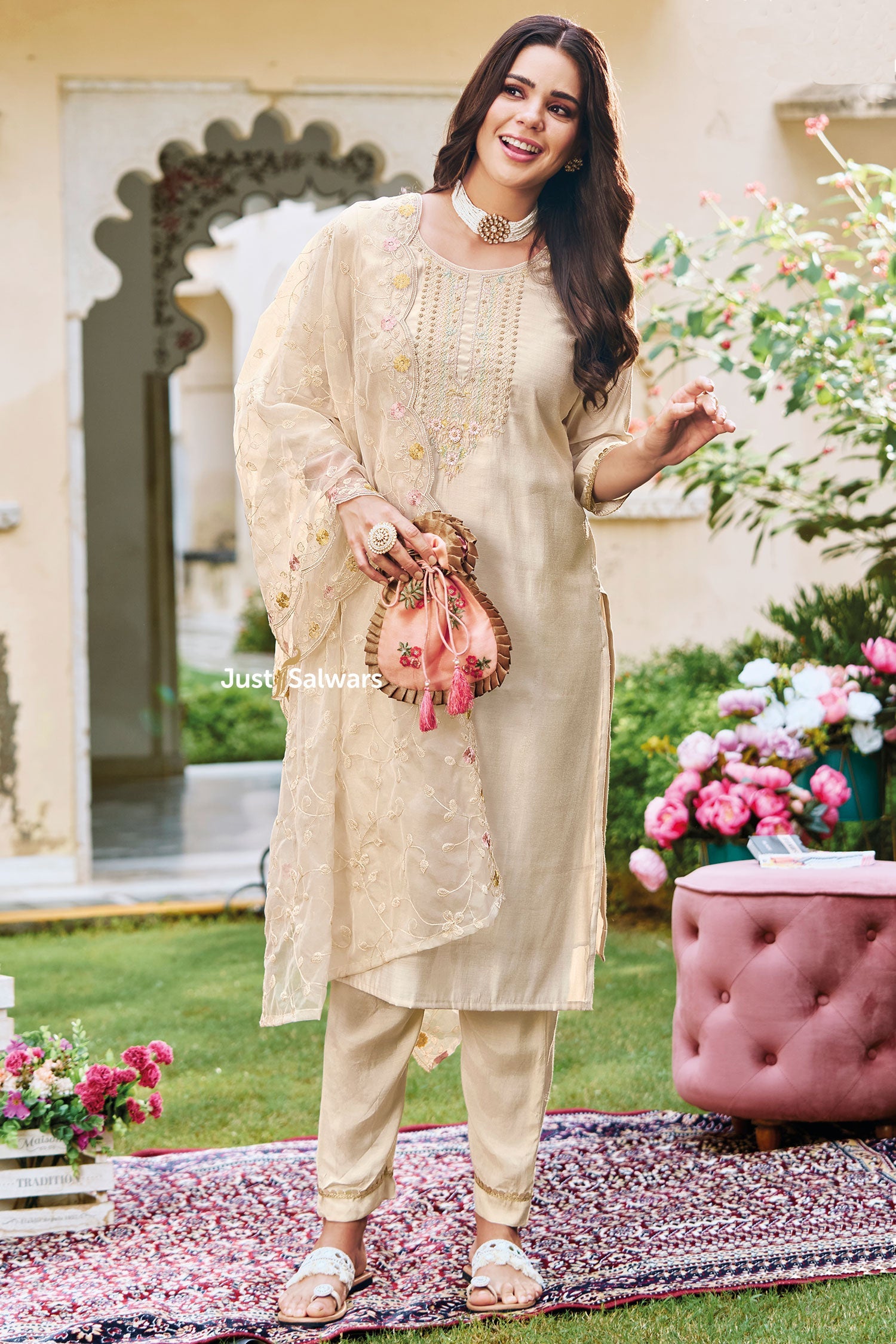 Beige Color Muslin Dress Material - Dress Material - Just Salwars