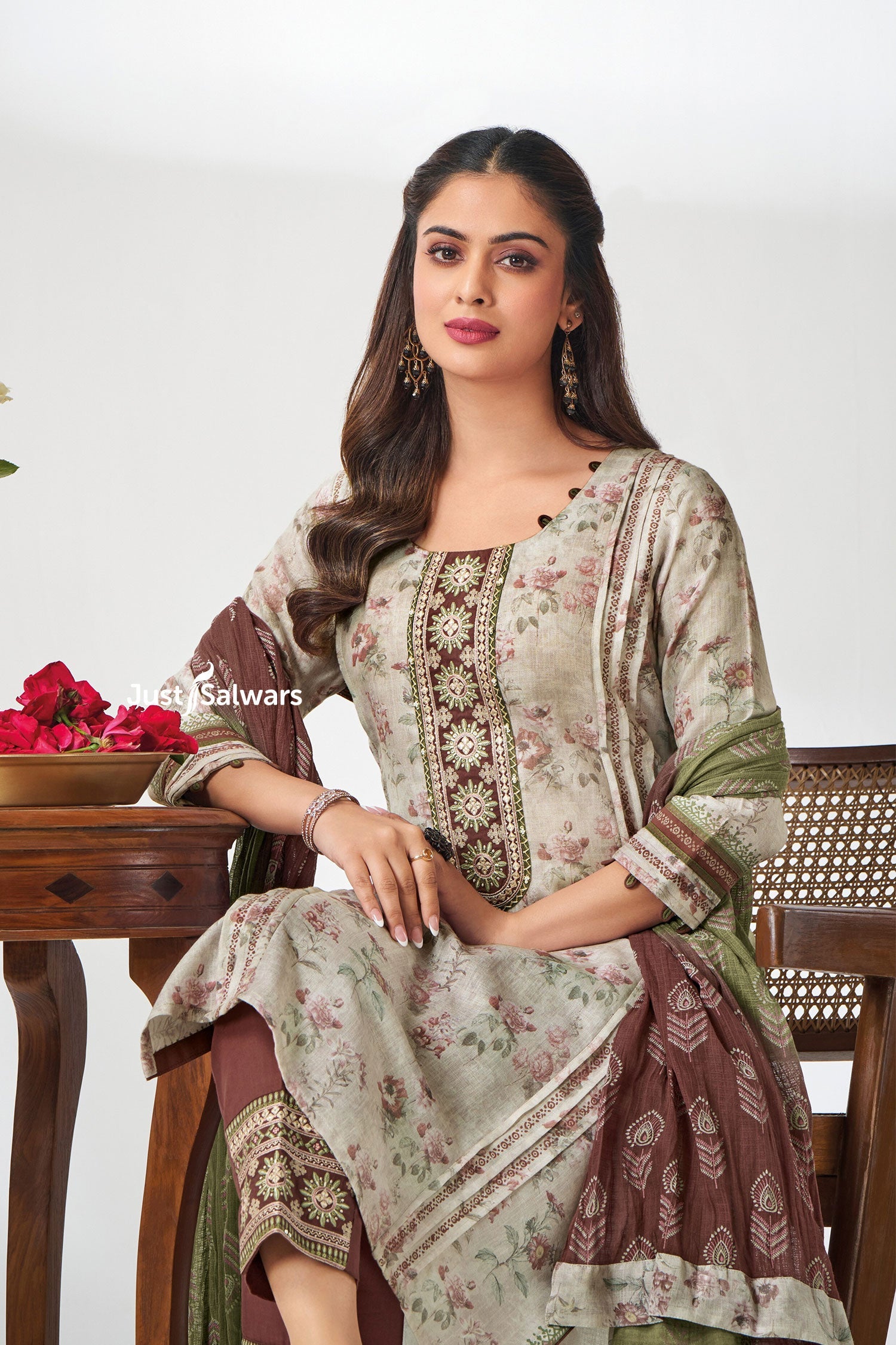 Beige Floral Print Kurta Set with Maroon Accents - Salwar Suit - Just Salwars