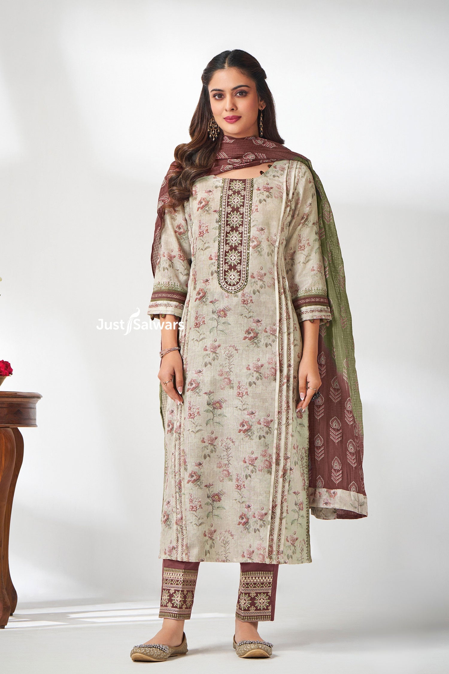 Beige Floral Print Kurta Set with Maroon Accents - Salwar Suit - Just Salwars