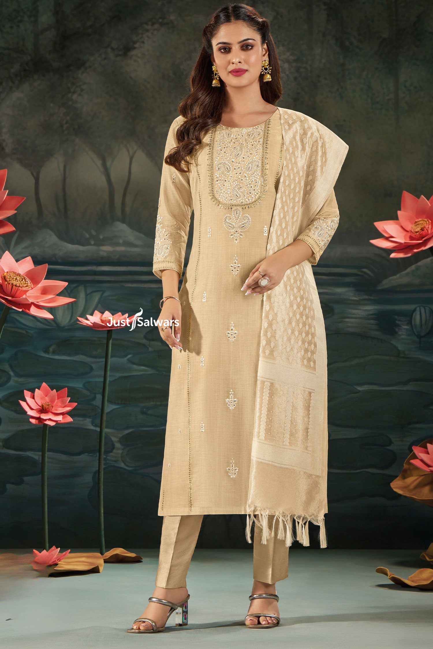 Beige Silk Embroidered Salwar Suit Set - Salwar Suit - Just Salwars
