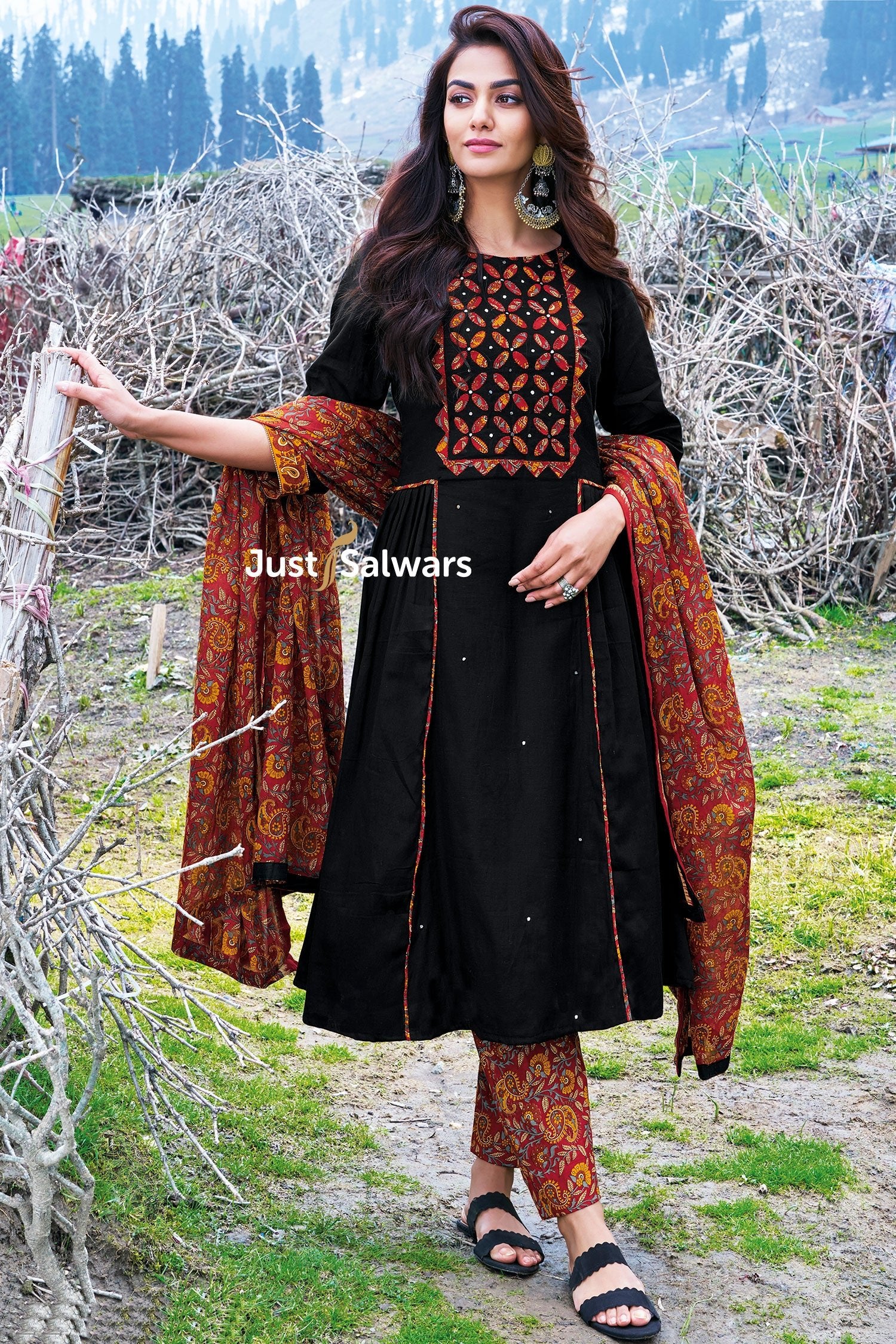 Black Color Cotton Dress Material - Dress Material - Just Salwars