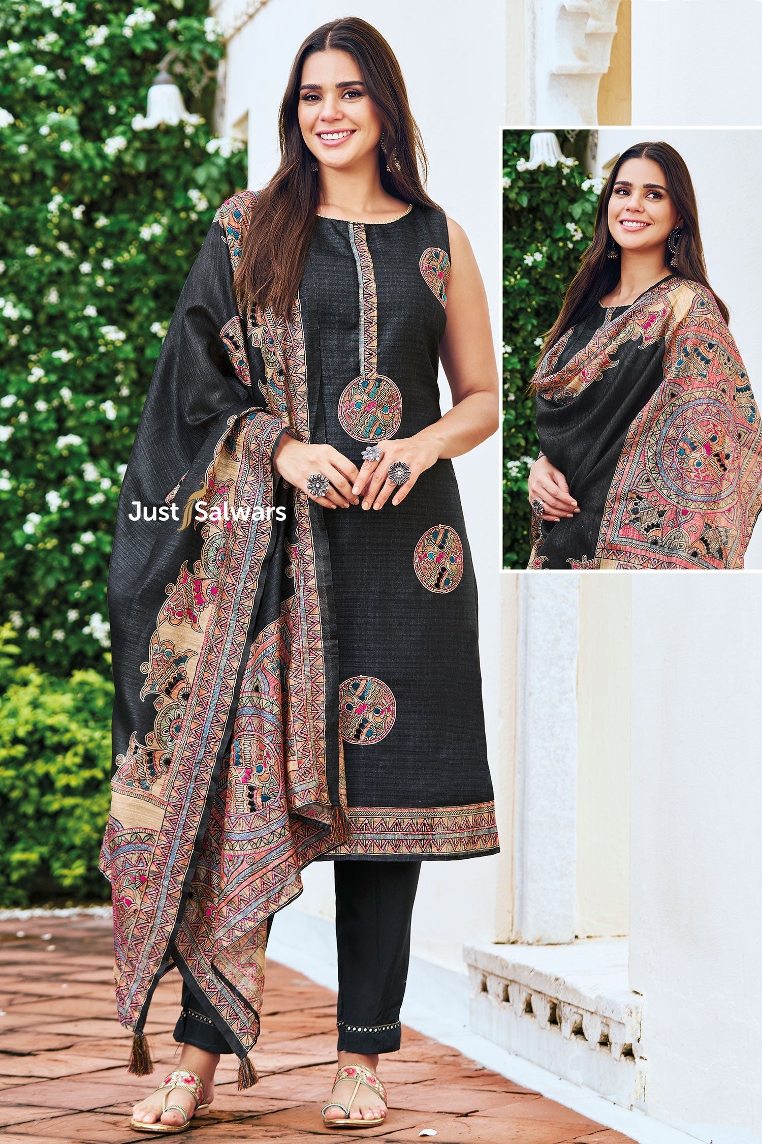 Black Color Cotton Dress Material - Dress Material - Just Salwars