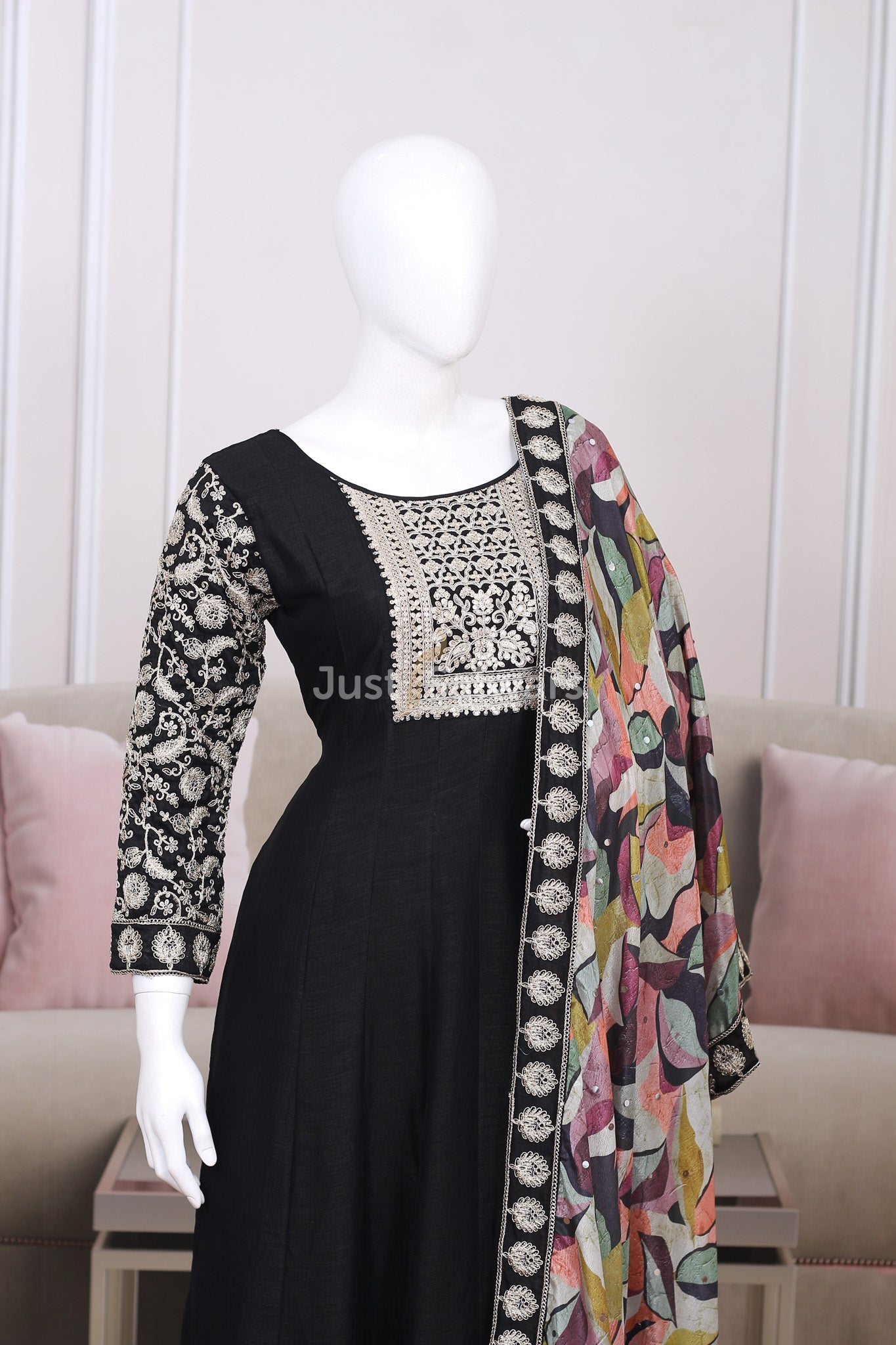 Black Colour Soft Silk Anarkali Suit Set - Anarkali - Just Salwars