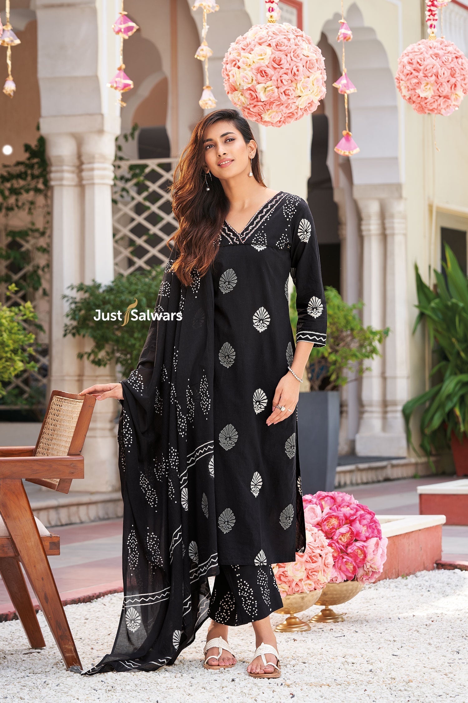 Black Cotton V - Neck Suit Set - Salwar Suit - Just Salwars