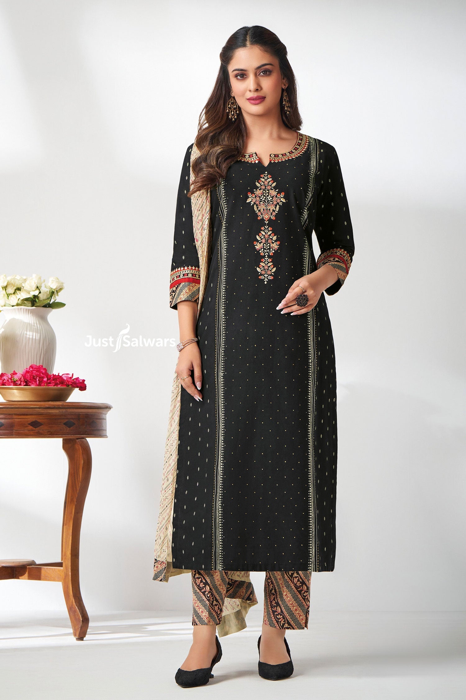 Black Embroidered Straight Salwar Suit Set - Salwar Suit - Just Salwars