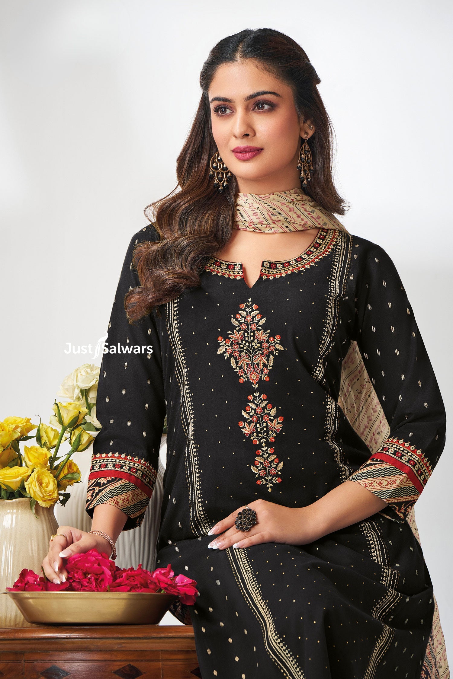 Black Embroidered Straight Salwar Suit Set - Salwar Suit - Just Salwars