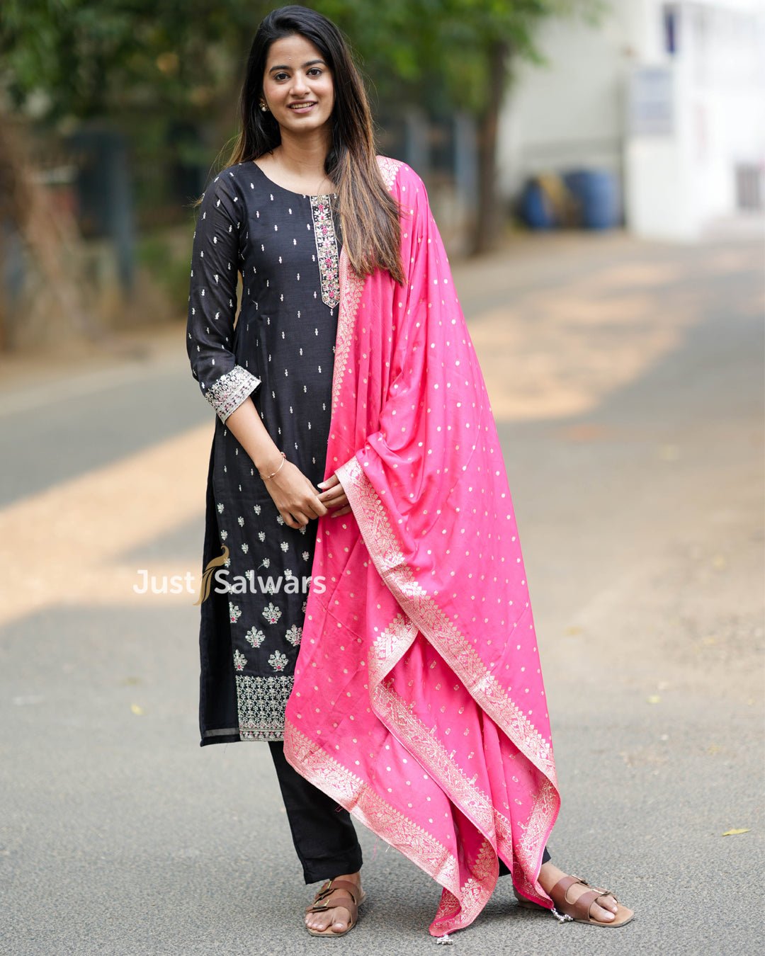 Black Salwar Suit with Hot Pink Dupatta - Salwar Suit - Just Salwars