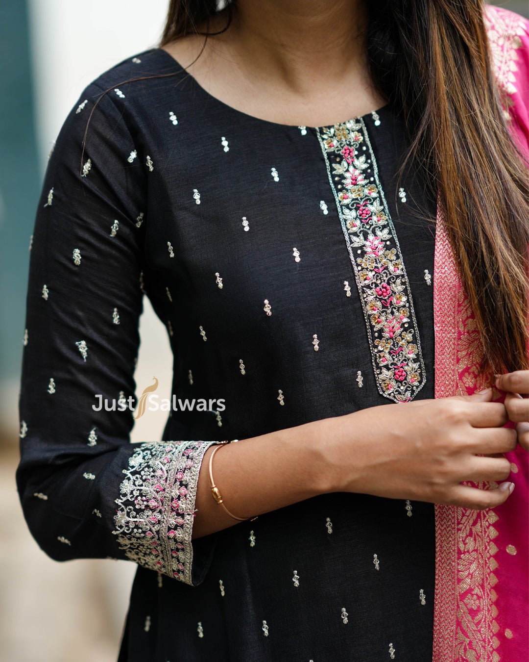 Black Salwar Suit with Hot Pink Dupatta - Salwar Suit - Just Salwars