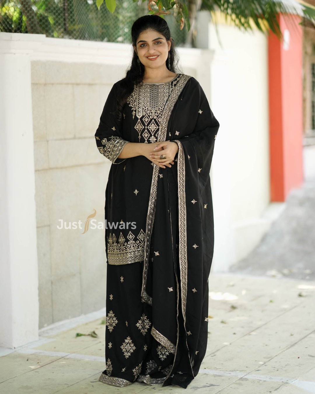 Black Short Kurta Set with Embroidered Wide - Leg Pants & Dupatta - Salwar Suit - Just Salwars