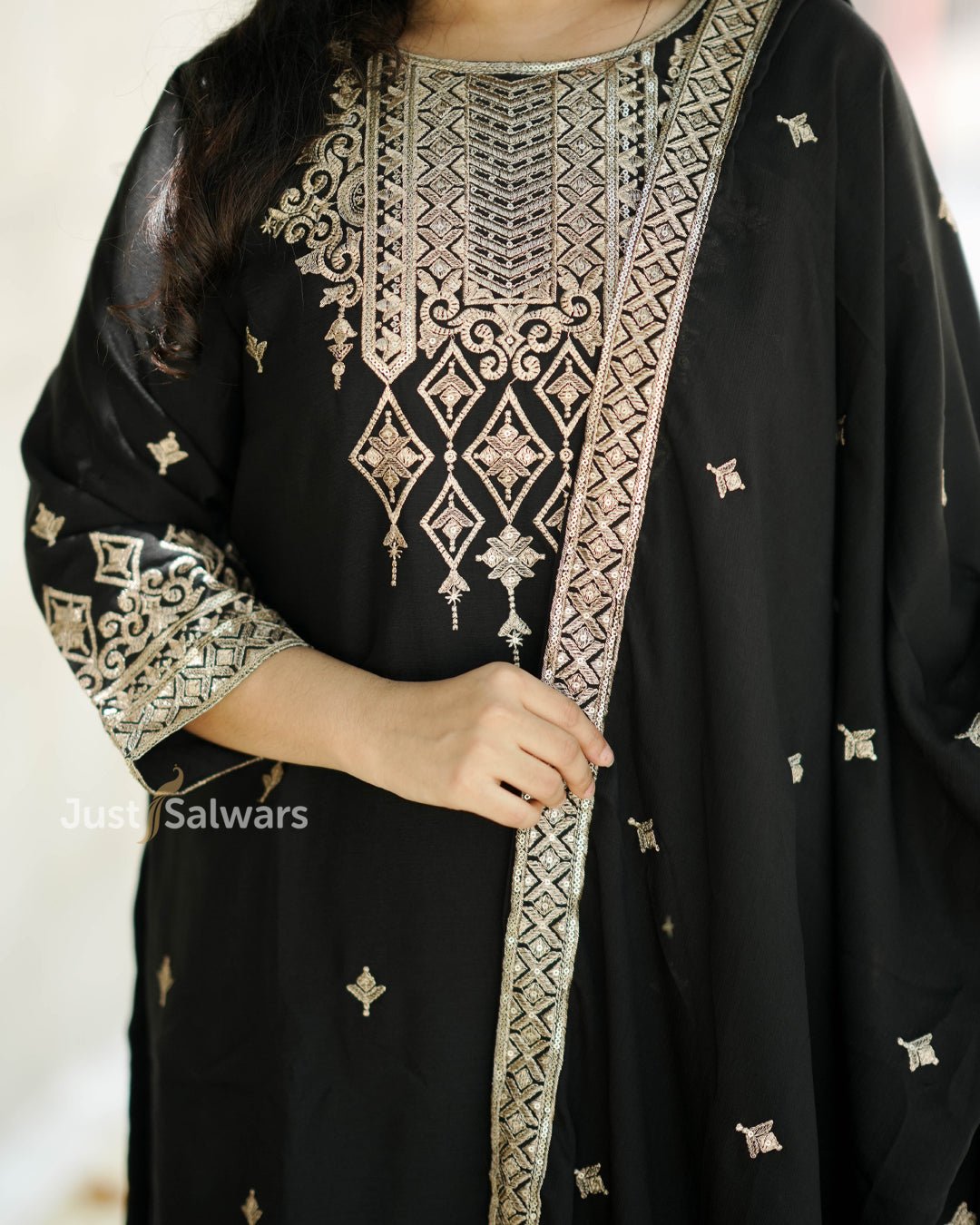 Black Short Kurta Set with Embroidered Wide - Leg Pants & Dupatta - Salwar Suit - Just Salwars