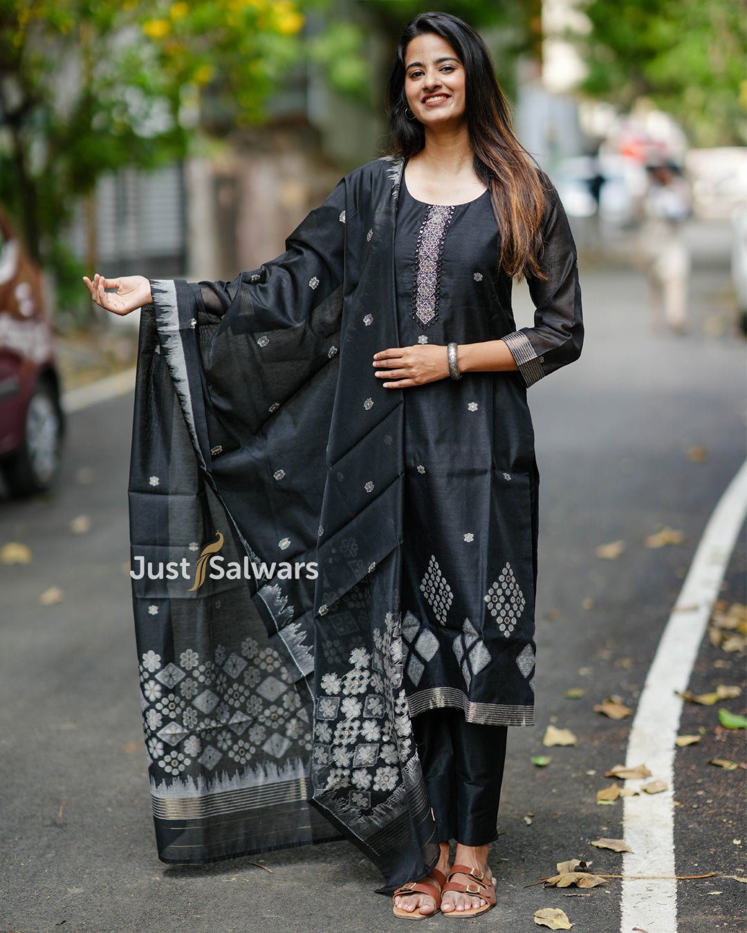 Black Silk Cotton Salwar Suit with Subtle Embellishments - Salwar Suit - Just Salwars