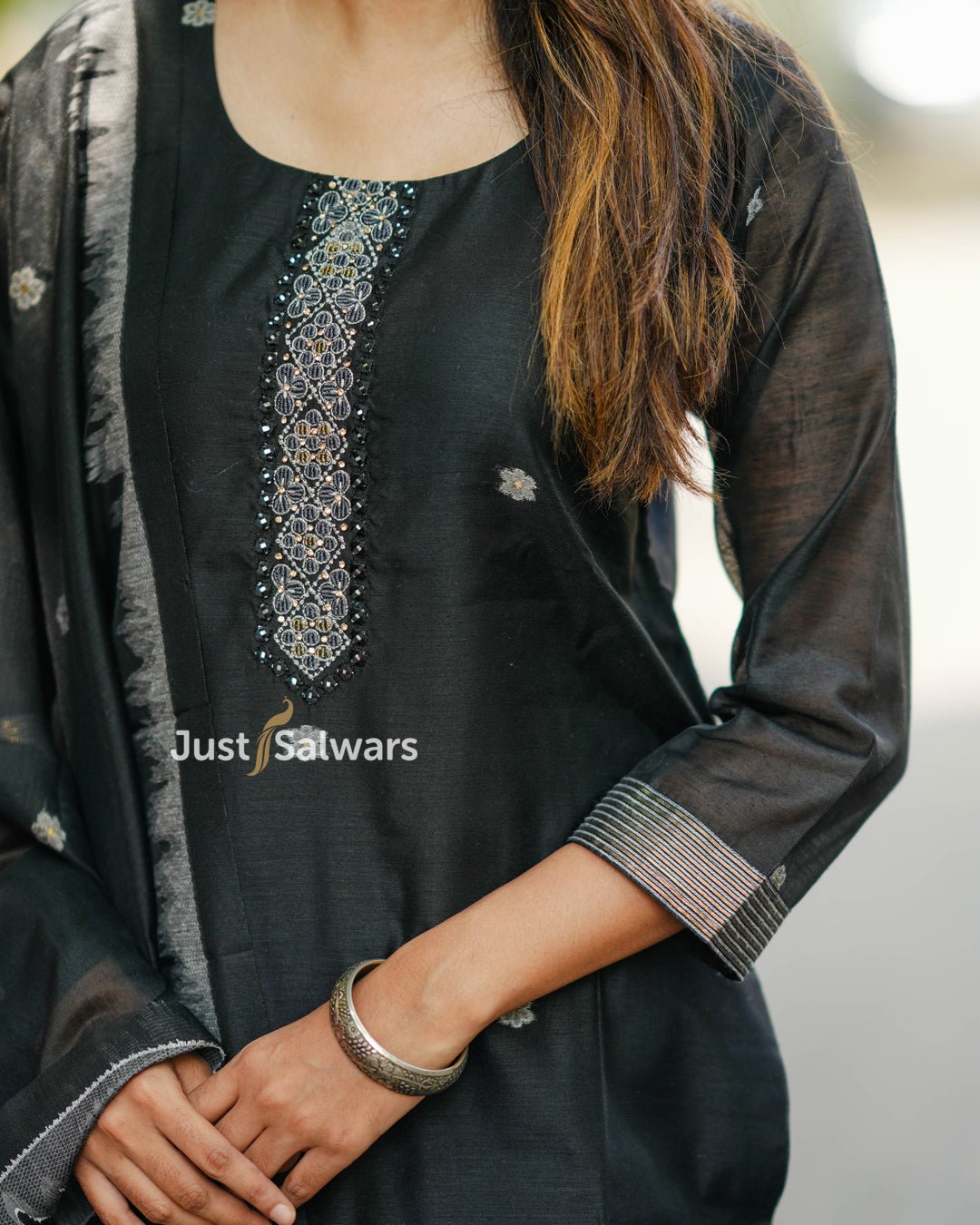 Black Silk Cotton Salwar Suit with Subtle Embellishments - Salwar Suit - Just Salwars
