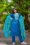 Blue And Green Colour Silk Cotton Straight Cut Salwar Suit - Salwar Suit - Just Salwars