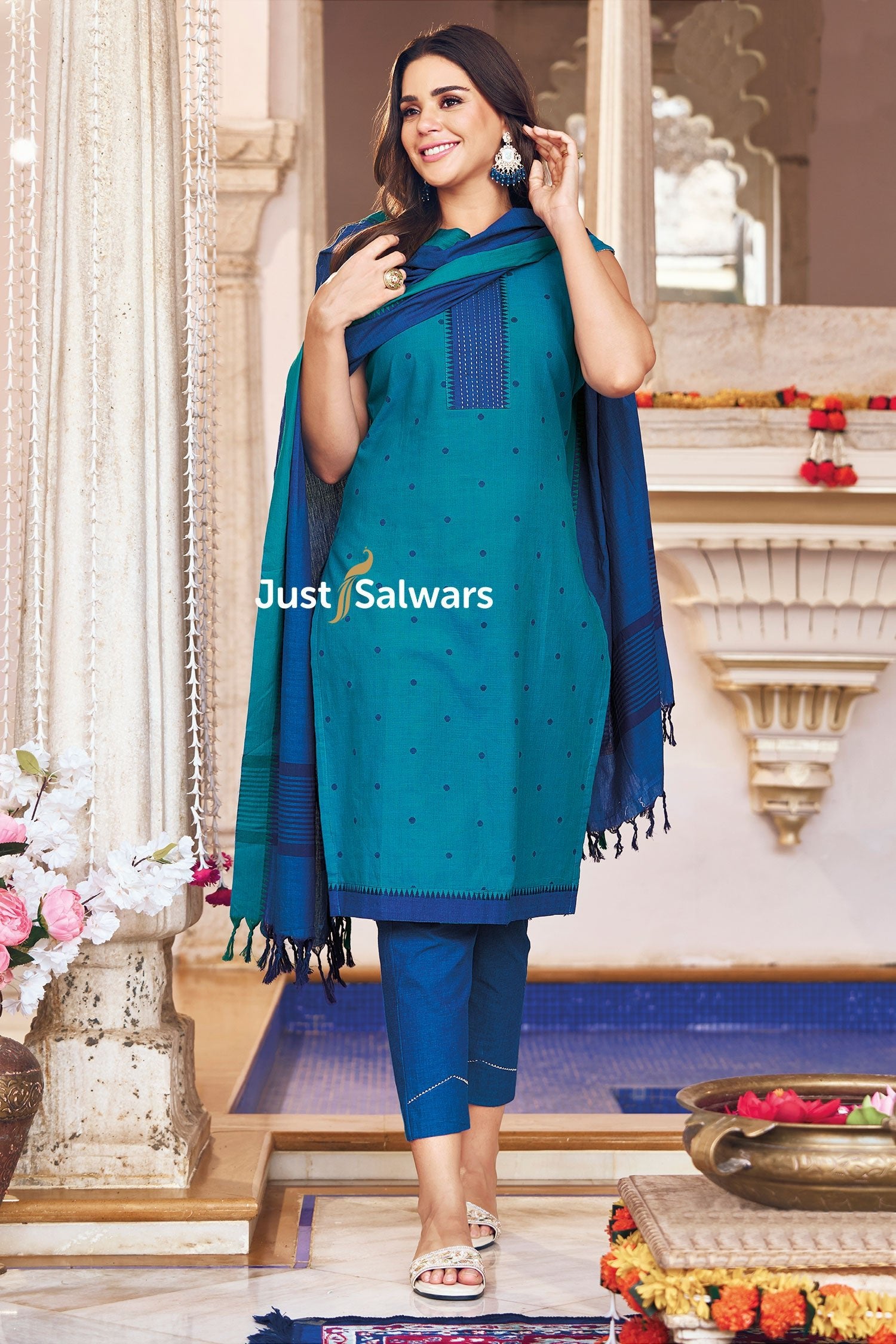 Blue Color Cotton Dress Material - Dress Material - Just Salwars