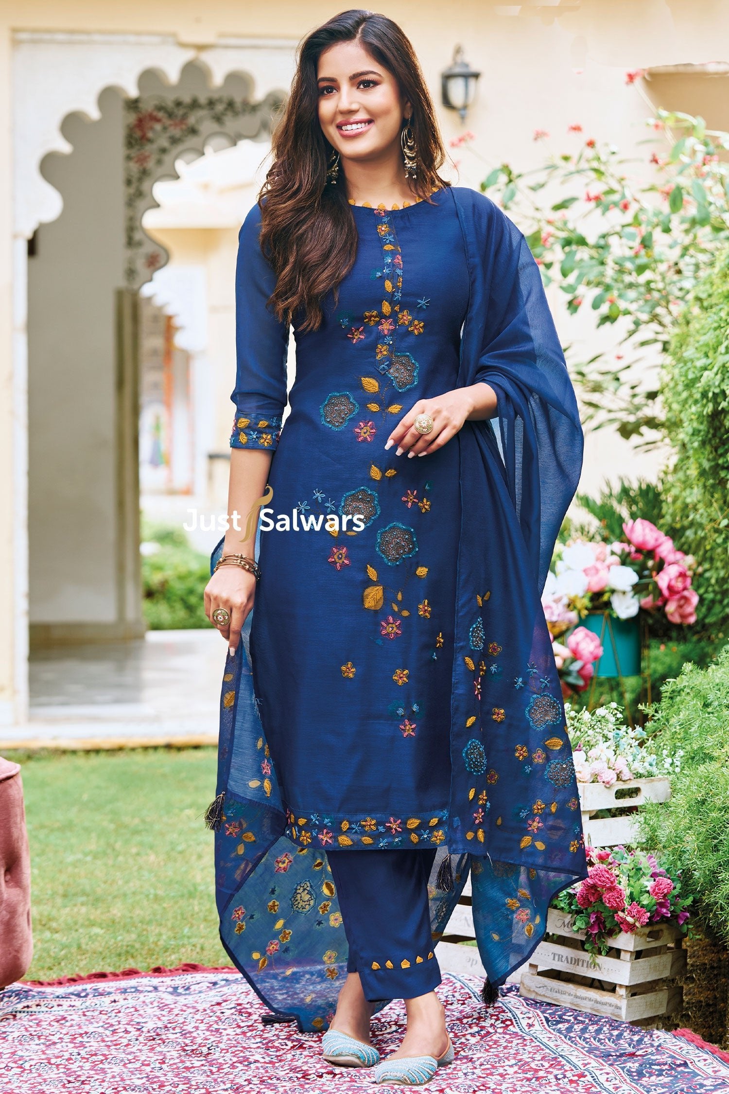 Blue Color Cotton Dress Material - Dress Material - Just Salwars