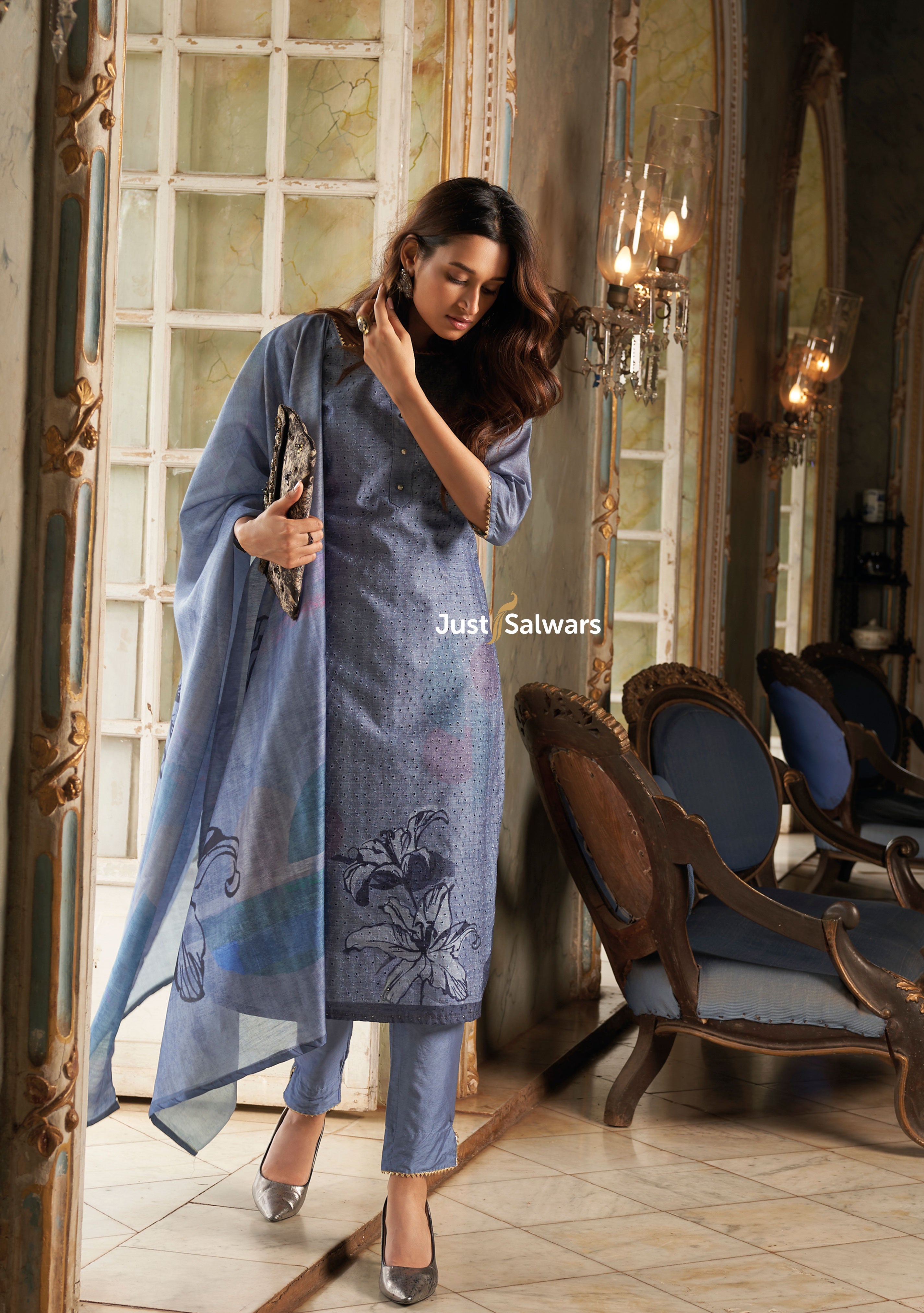 Blue Color Cotton Dress Material - Dress Material - Just Salwars