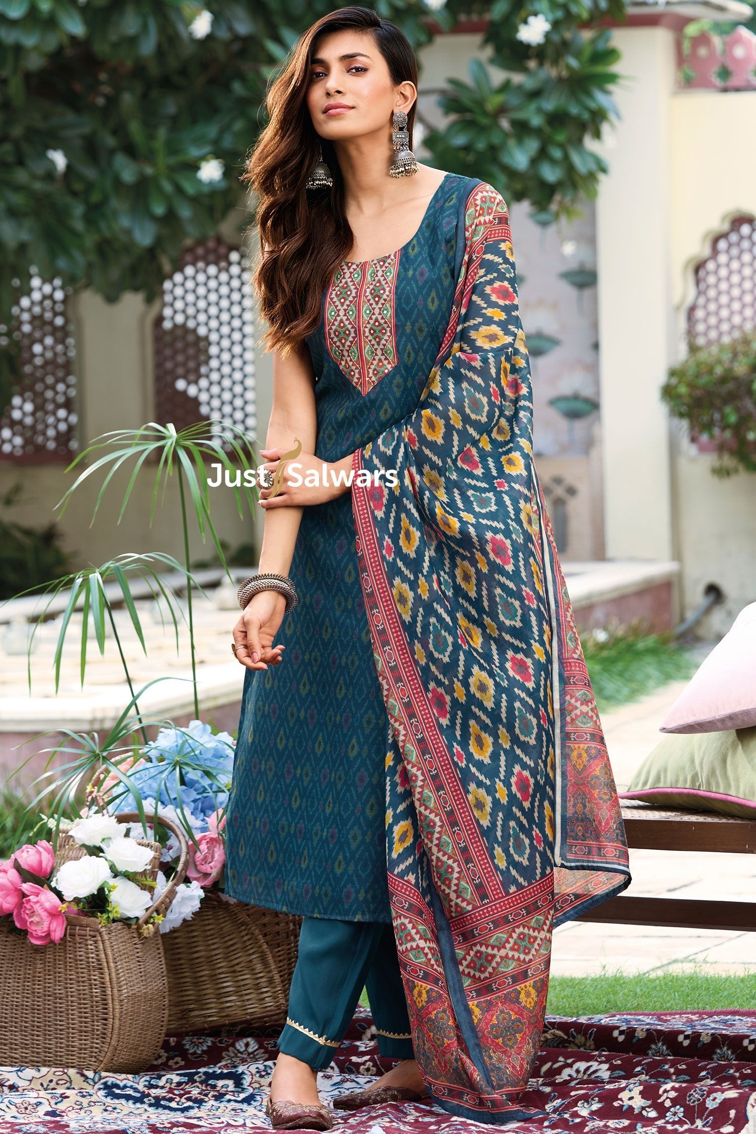 Blue Color Silk Cotton Dress Material - Dress Material - Just Salwars