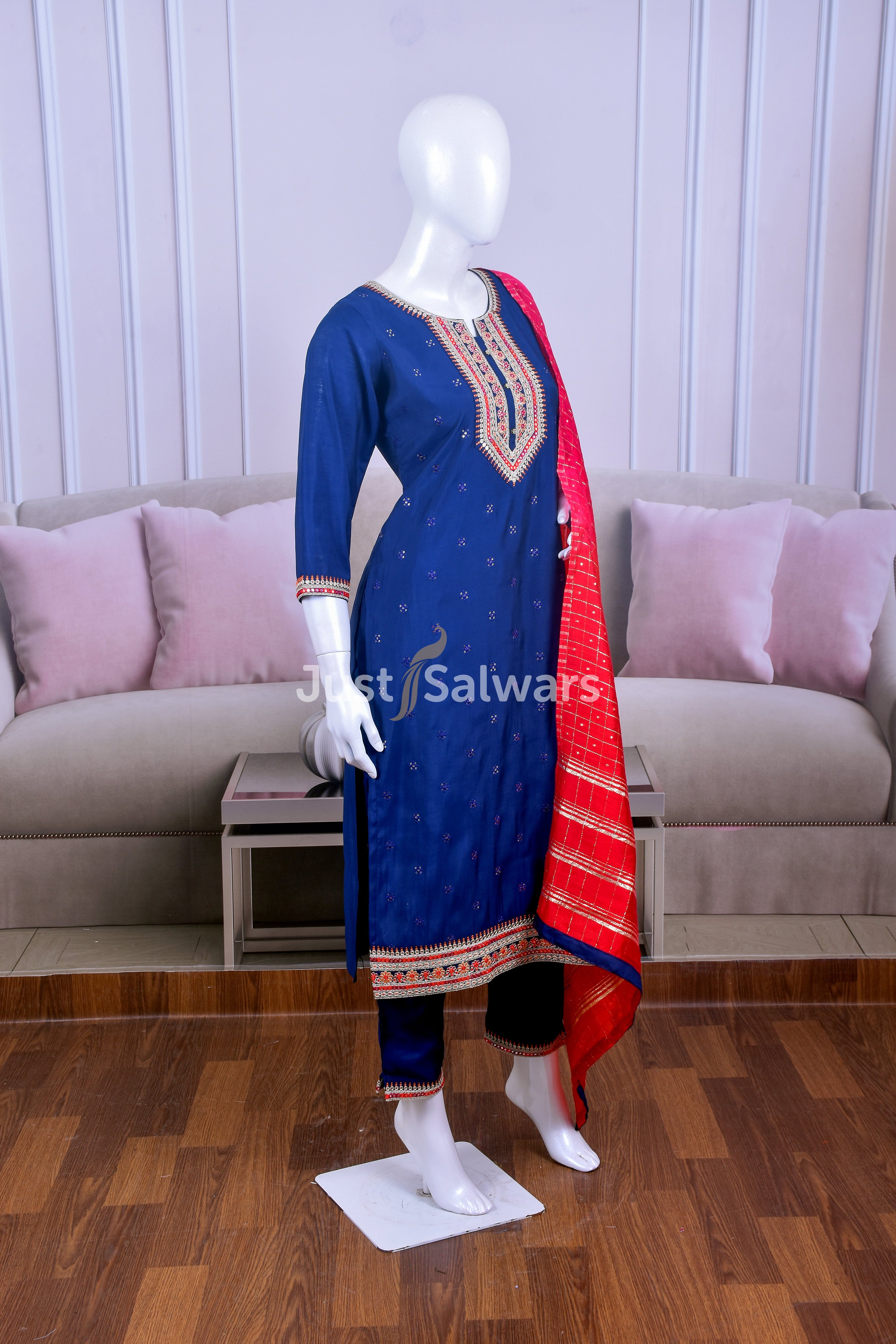 Blue Color Silk Cotton Suit Set - Salwar Suit - Just Salwars