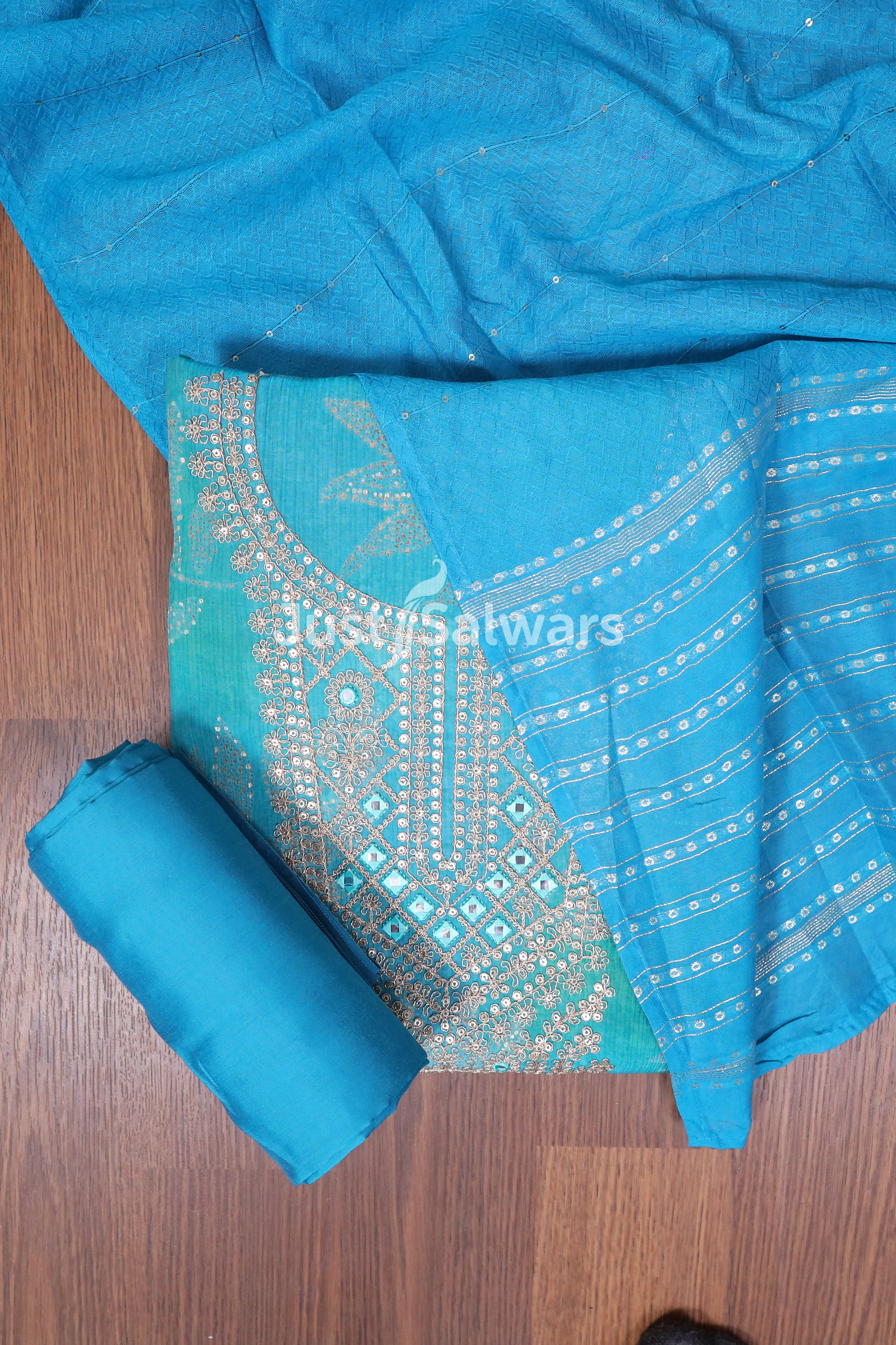 Blue Colour Cotton Unstitched Dress Material - Dress Material - Just Salwars