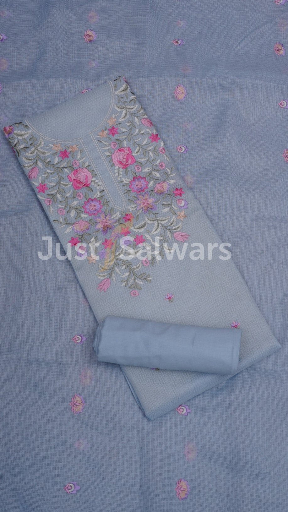 Blue Colour Cotton Unstitched Dress Material - Dress Material - Just Salwars