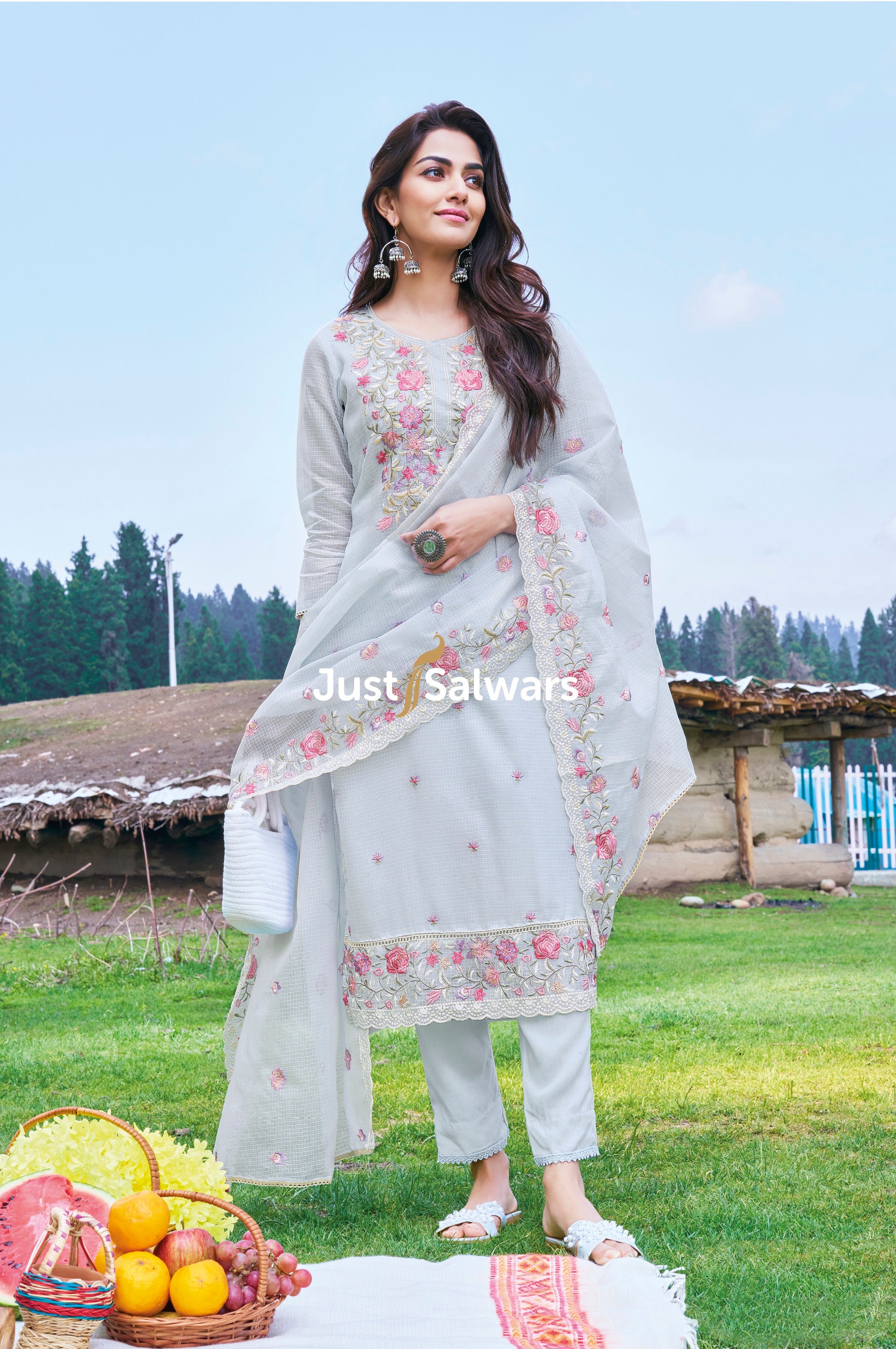 Blue Colour Cotton Unstitched Dress Material - Dress Material - Just Salwars