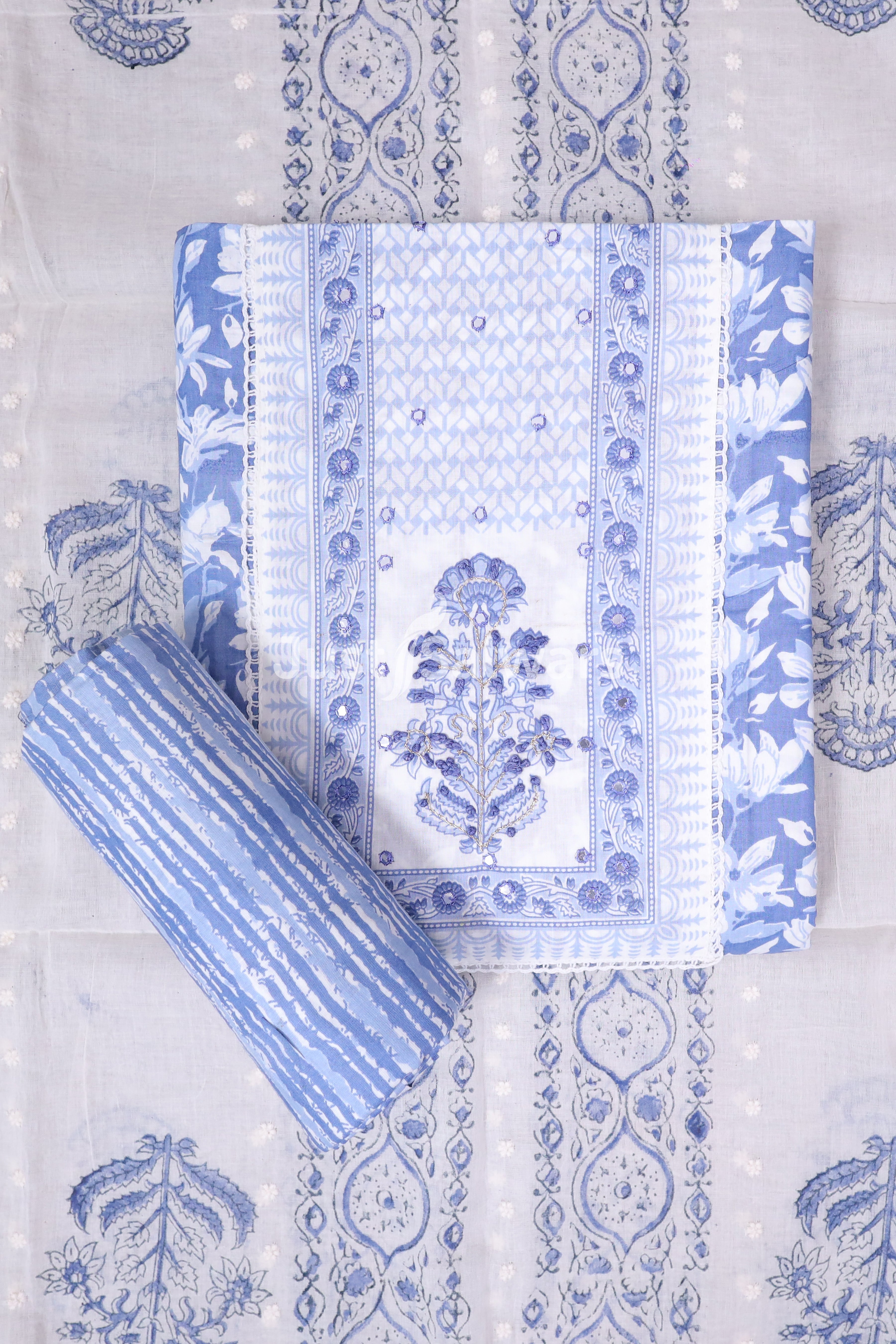 Blue Colour Cotton Unstitched Dress Material - Dress Material - Just Salwars