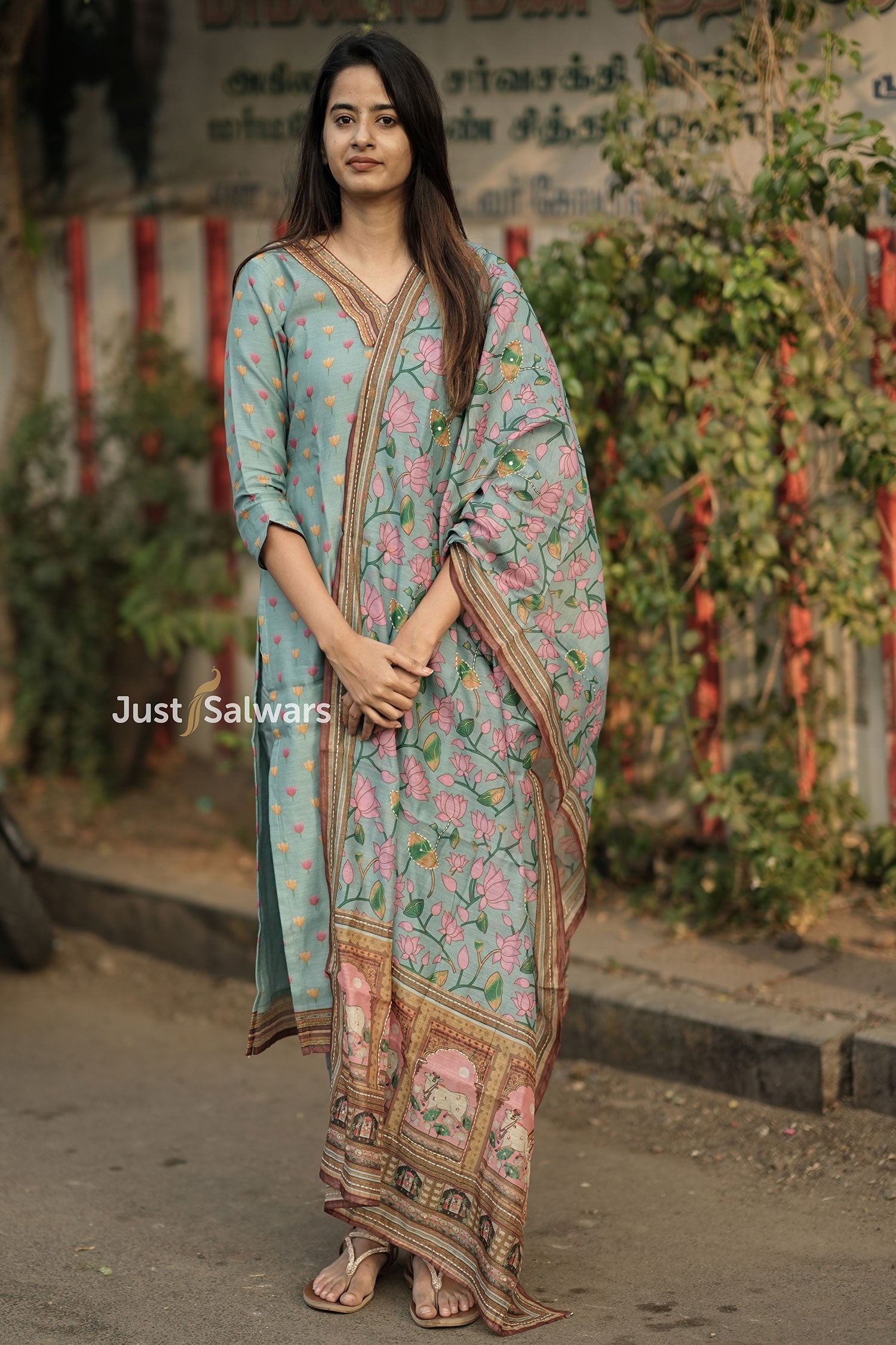 Blue Colour Silk Cotton Dress Material - Dress Material - Just Salwars