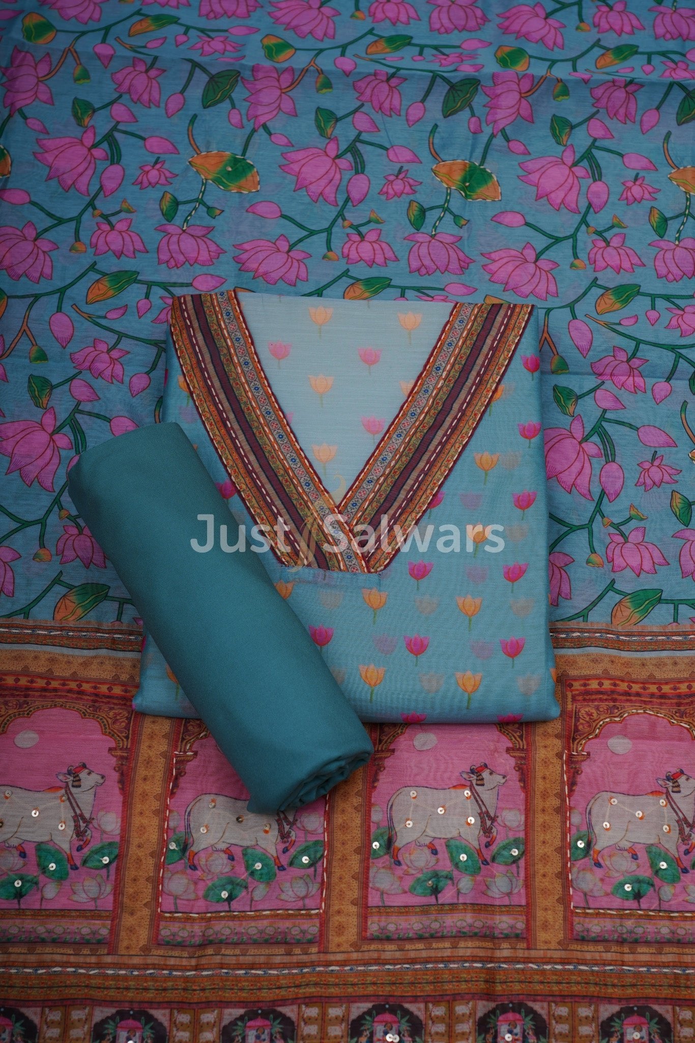 Blue Colour Silk Cotton Dress Material - Dress Material - Just Salwars