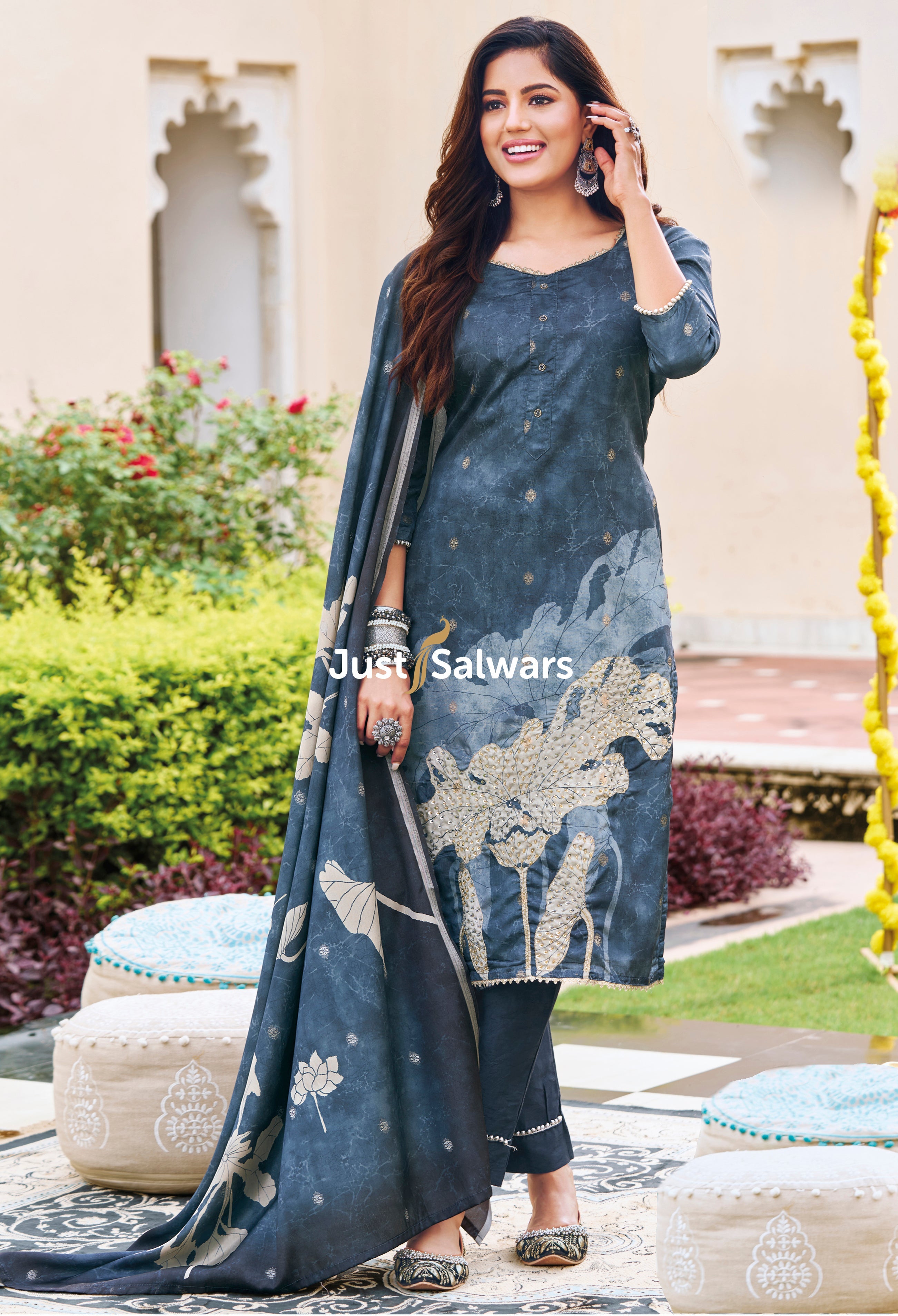 Blue Colour Unstitched Dress Material - Dress Material - Just Salwars